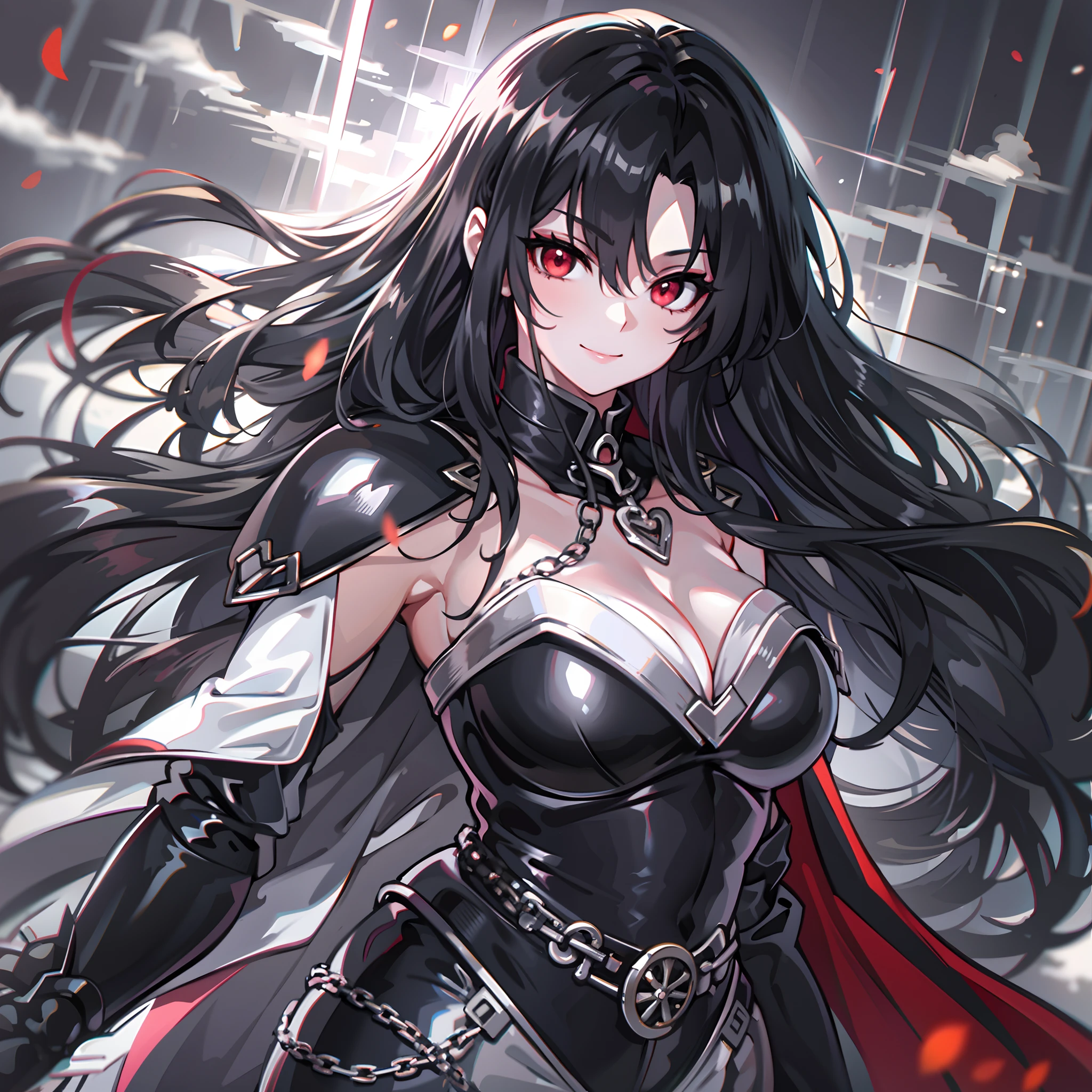upper body, halfbody, 1woman, grey-black hair, Long Haired, red eyes, ((swordwoman)), black cape, big breats, wallpaper, chain background, light particles, ((masterpiece)), ((best quality)), ((Top Quality)), pale white skin, solo, closed-mouth smile, standing pose