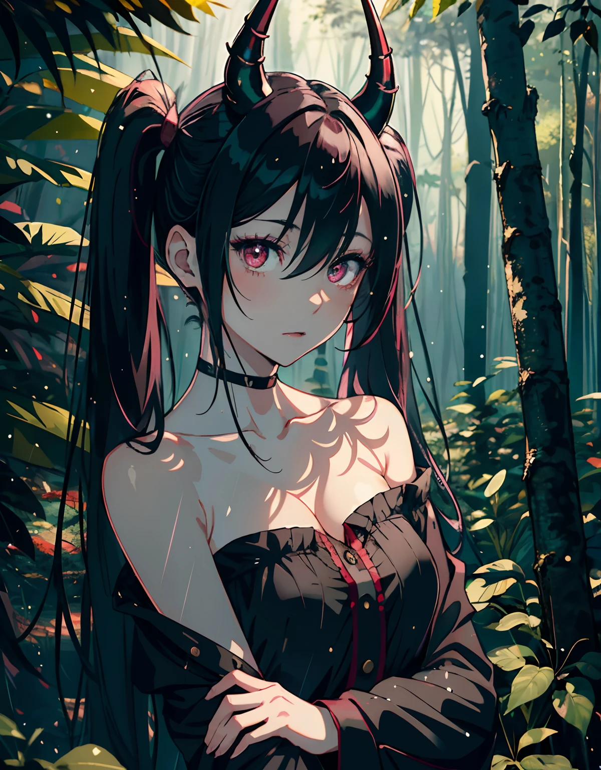 ((masterpiece, best quality)), (1girl, anime girl in night rain, forest),(mature, devil horn, pale skin), (solo), (female focus), (black hair, twintail),pink eyes, ((exposed shoulder)), pale skin, evil, vicious, yandere, portraits, close up, upper body, vibrant colors, soft lighting, looking straight forward