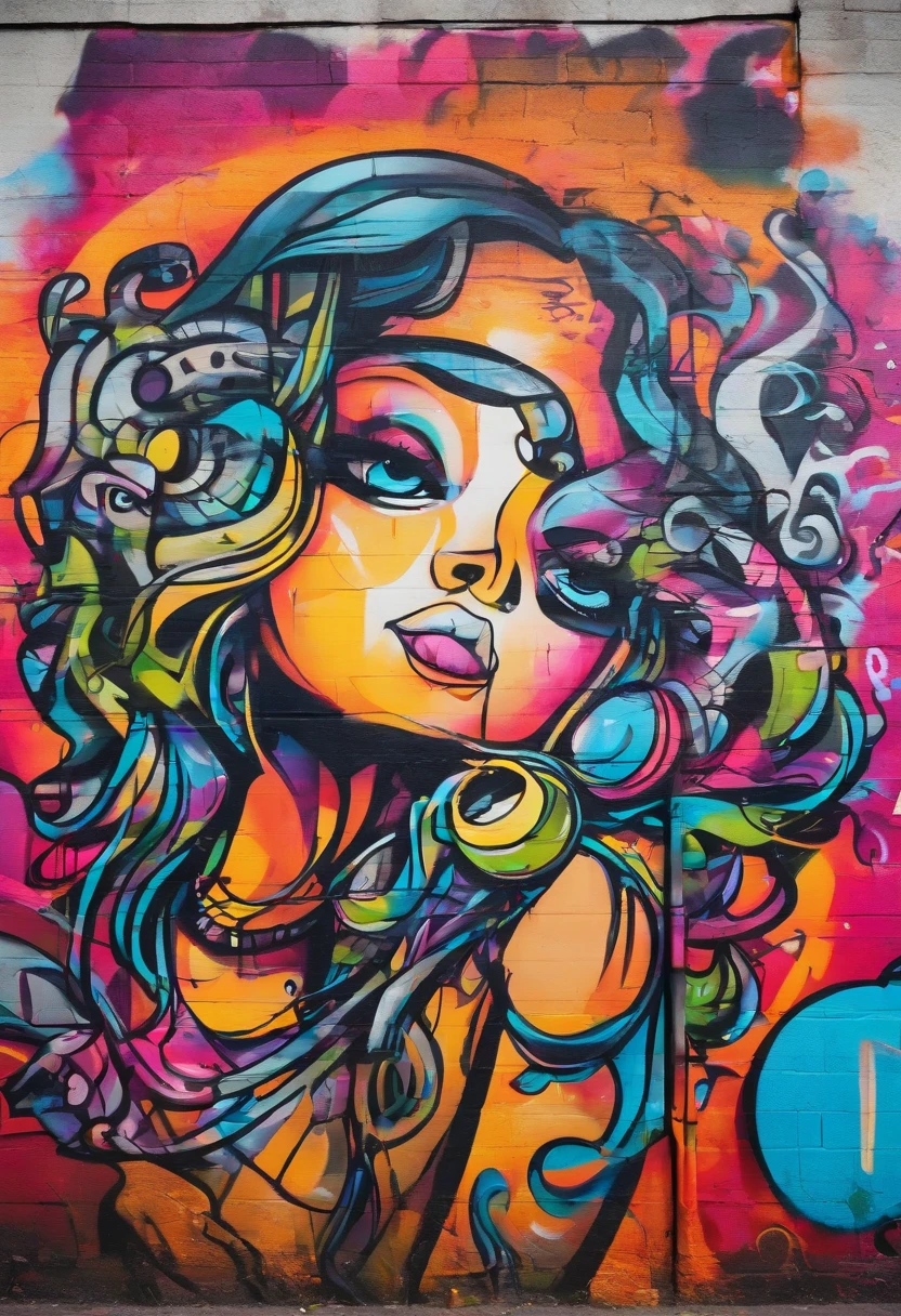parede grafitada, desenho de uma mulher com uma lata de tinta