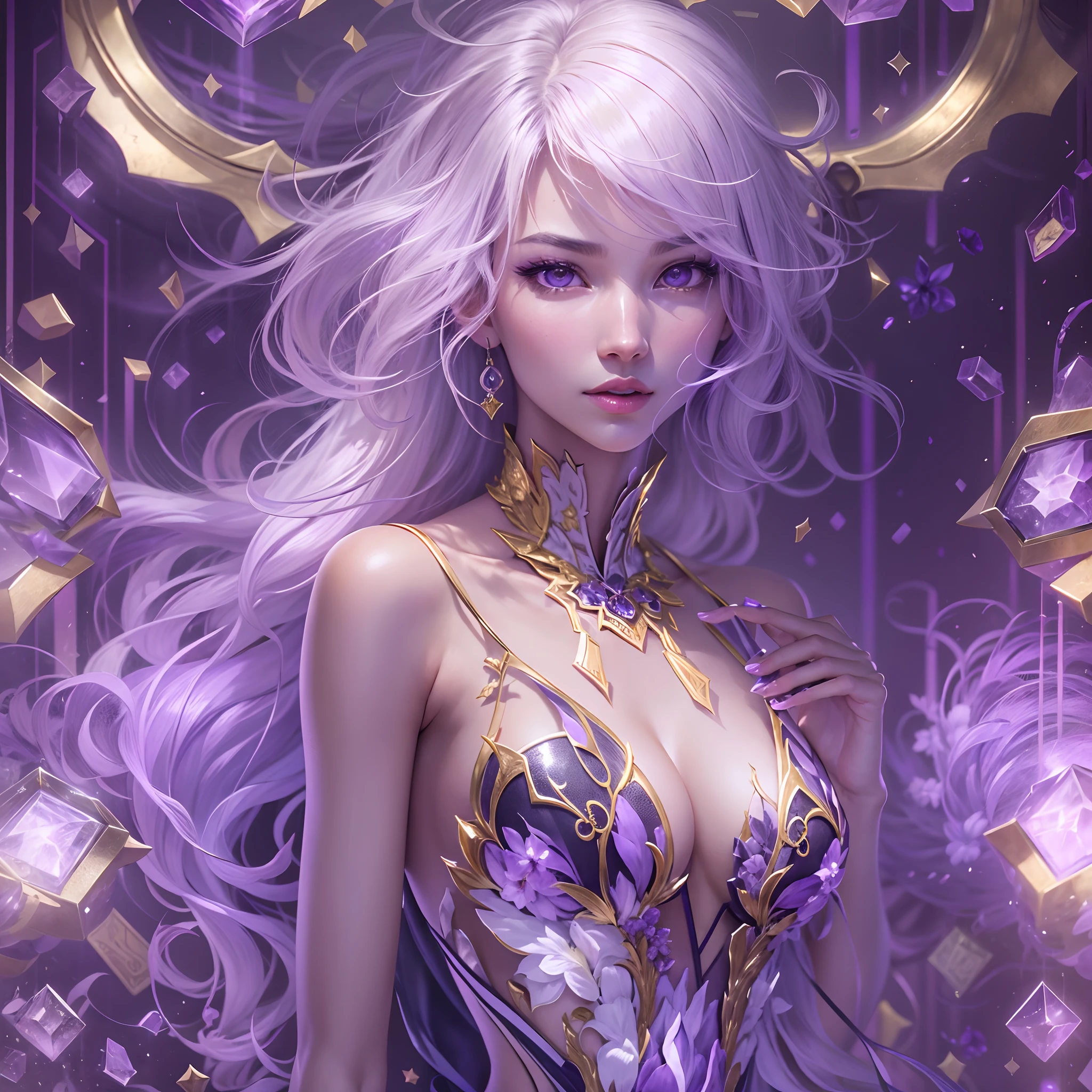 A high-dimensional masterpiece that no one has ever seen
. She is a sexy beauty decorated with mysterious amethysts. She has small breasts and slender legs. She is a Japanese beauty with long, beautiful white hair. Futuristic smart home. A cute and noble sexy room. Lavender and cutting edge technology. Shining gold buried in the ground. Purple lights illuminate the room. High contrast. Amethyst sparkles in purple. High quality, delicate details. High quality, photorealistic