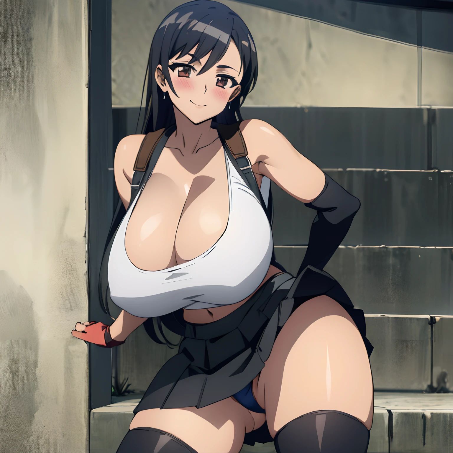 (((busty, huge_breasts))),tifa ff7, 1girl, solo, looking at viewer, blush wariza, seductive smile, tank top, black skirt, suspender skirt, midriff, black thighhighs, red gloves, bra, zettai ryouiki, head tilt,underboob, thick thighs, (((highkick 1.6)), (((pantyshot))),