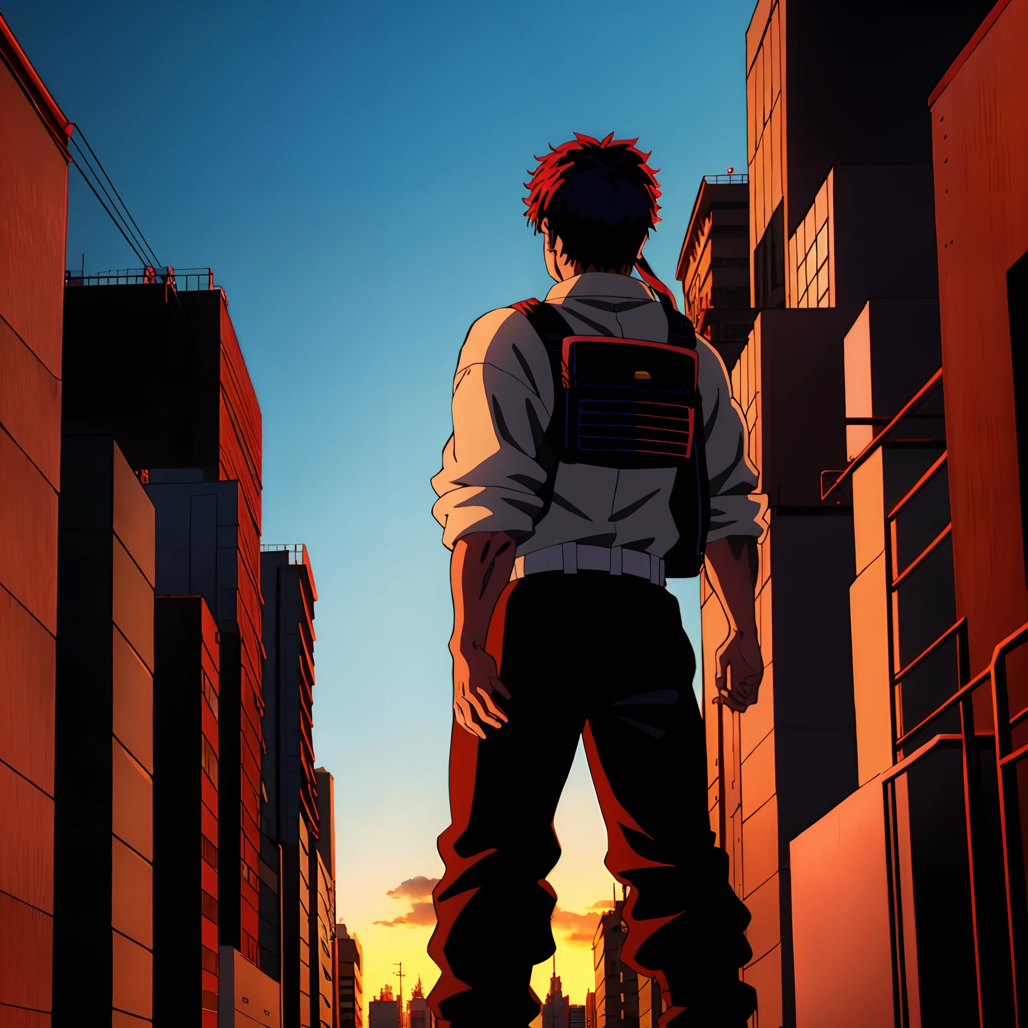 anime character in front of a city street with buildings in the background with heroic pose, badass anime 8 k, an epic anime of a energy man, joseph joestar, Cyberpunk, 4 k manga wallpaper, epic 8 k hd anime shot, Estilo anime 4K, an epic anime of tuff luck, musculoso, pacote de seis!!, anime 4k, perto