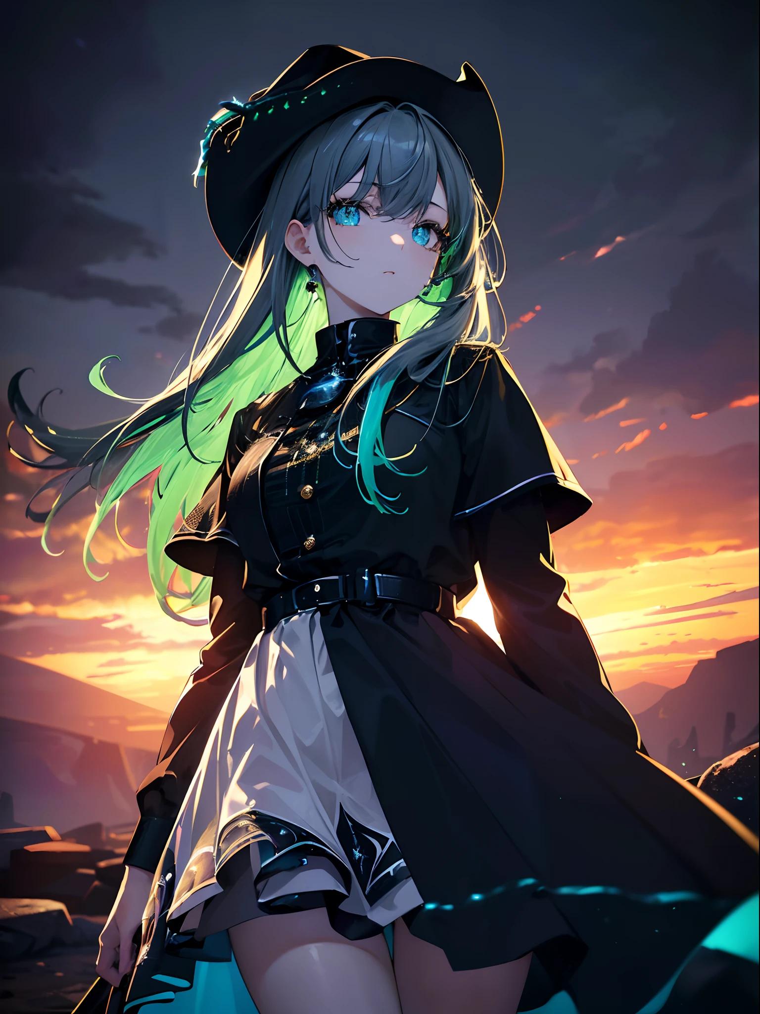 (Masterpiece, Best quality, ultra high resolution),1girl,(multicolored hair, green,blue, yellow),dark black dress,beautiful and detailed face, detailed eyes,(grey theme),sunset,in the dark cave,(((cowboy shot)))