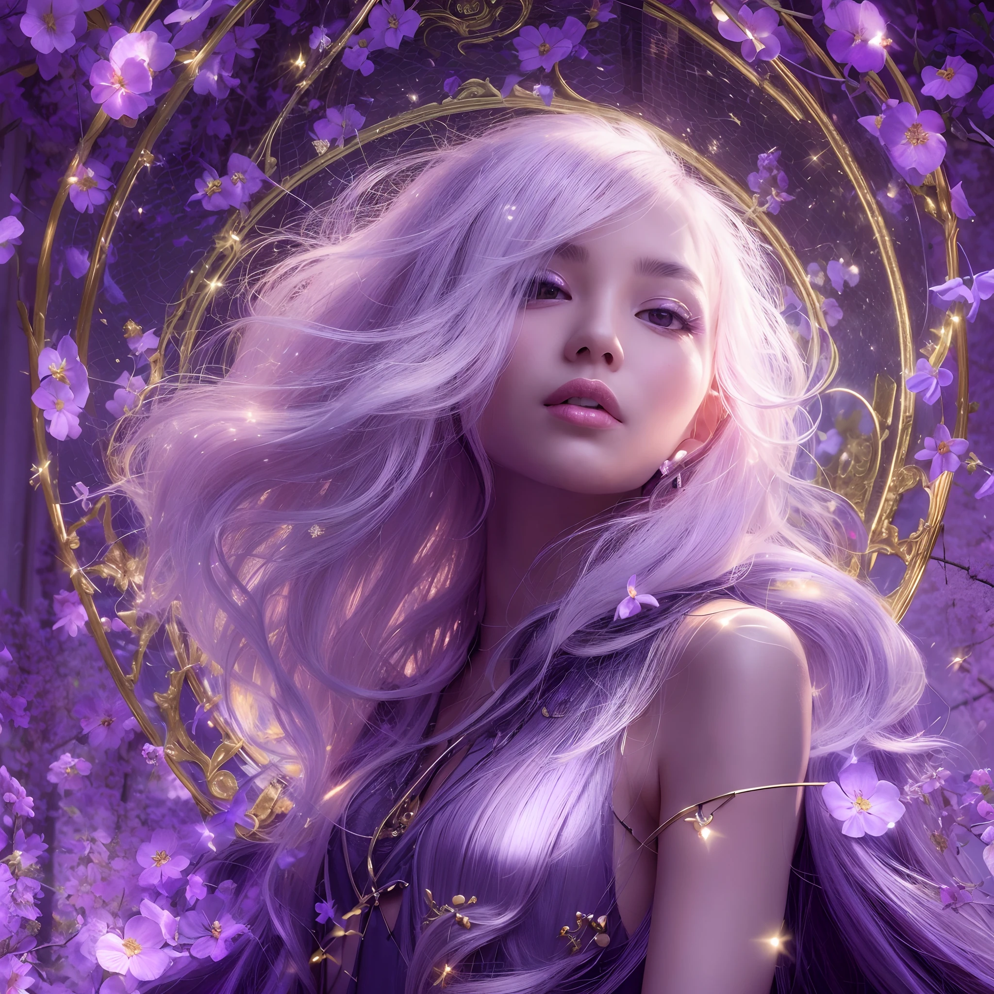 A high-level masterpiece that no one has ever seen. She is a beautiful woman adorned with mysterious amethysts. She is a Japanese beauty with small breasts, slender legs, and long beautiful white hair. She is a stunning beauty who lies in a cute and sexy room in a futuristic smart home. Lavender and cutting edge technology. Shining gold buried in the ground. A purple light illuminates the room. High contrast. Amethyst sparkles in purple. High quality and delicate details. High quality, photorealistic. real photo. Portrait