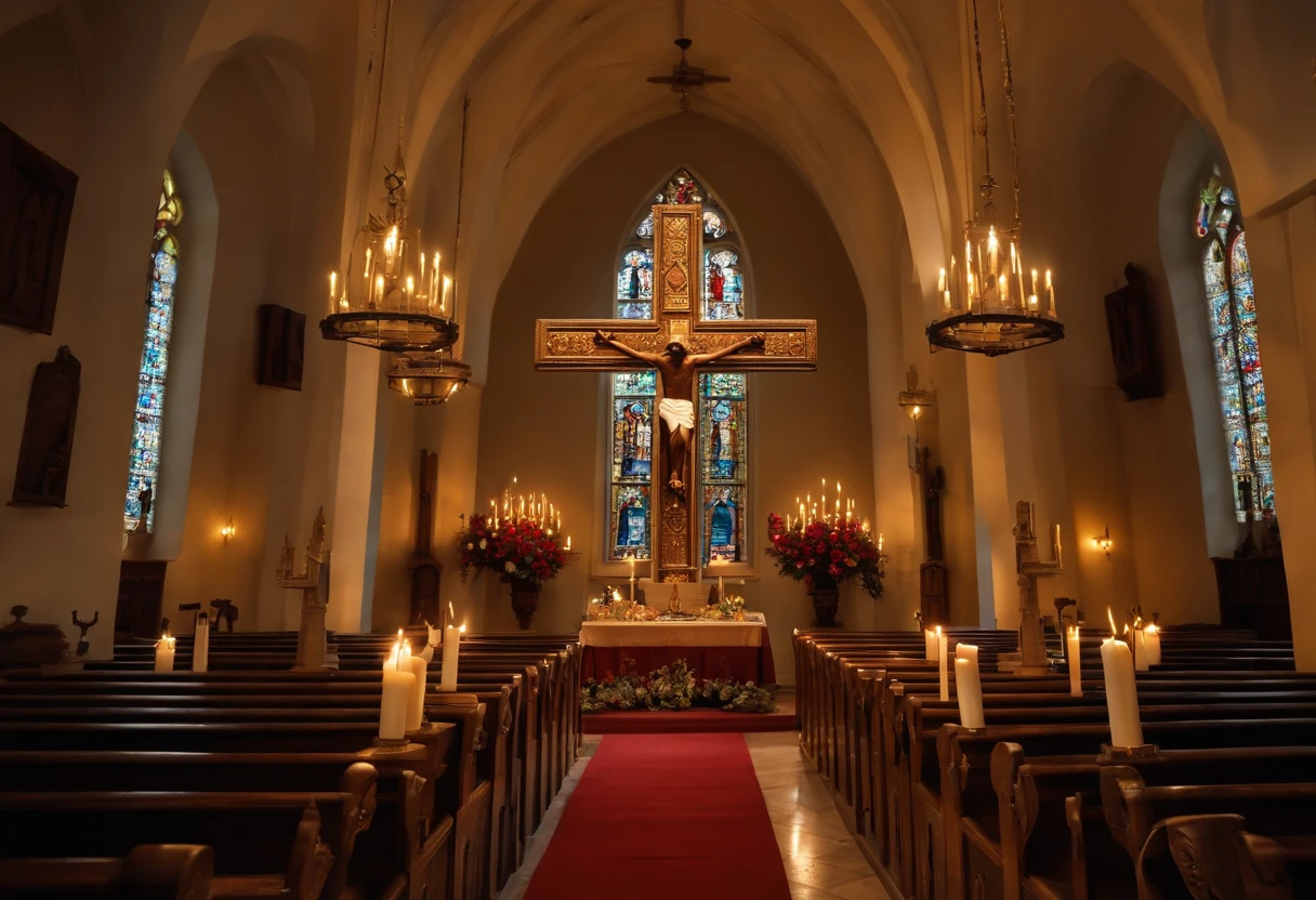 "Describe an image of an imposing and reverent Catholic holy cross. The cross is made of aged wood, com detalhes intrincados e artesanato. It is adorned with Christian symbols, as the crucified body of Jesus and a holy cup, which are intrinsically carved with great precision. The cross is situated in a church or chapel, with soft light radiating through stained glass windows, casting a serene and spiritual aura over the scene;. Lit candles are arranged around the base of the cross, emitindo um brilho suave e criando uma atmosfera tranquila. flores frescas, like white lilies and red roses, they are placed at the foot of the cross as offerings of devotion. behind the cross, There is an altar adorned with richly embroidered liturgical vestments. The image of the cross is simple, mas profundamente evocativa, conveying a sense of faith, Devotion, and reverence. It captures the beauty and spirituality of the Catholic religion."