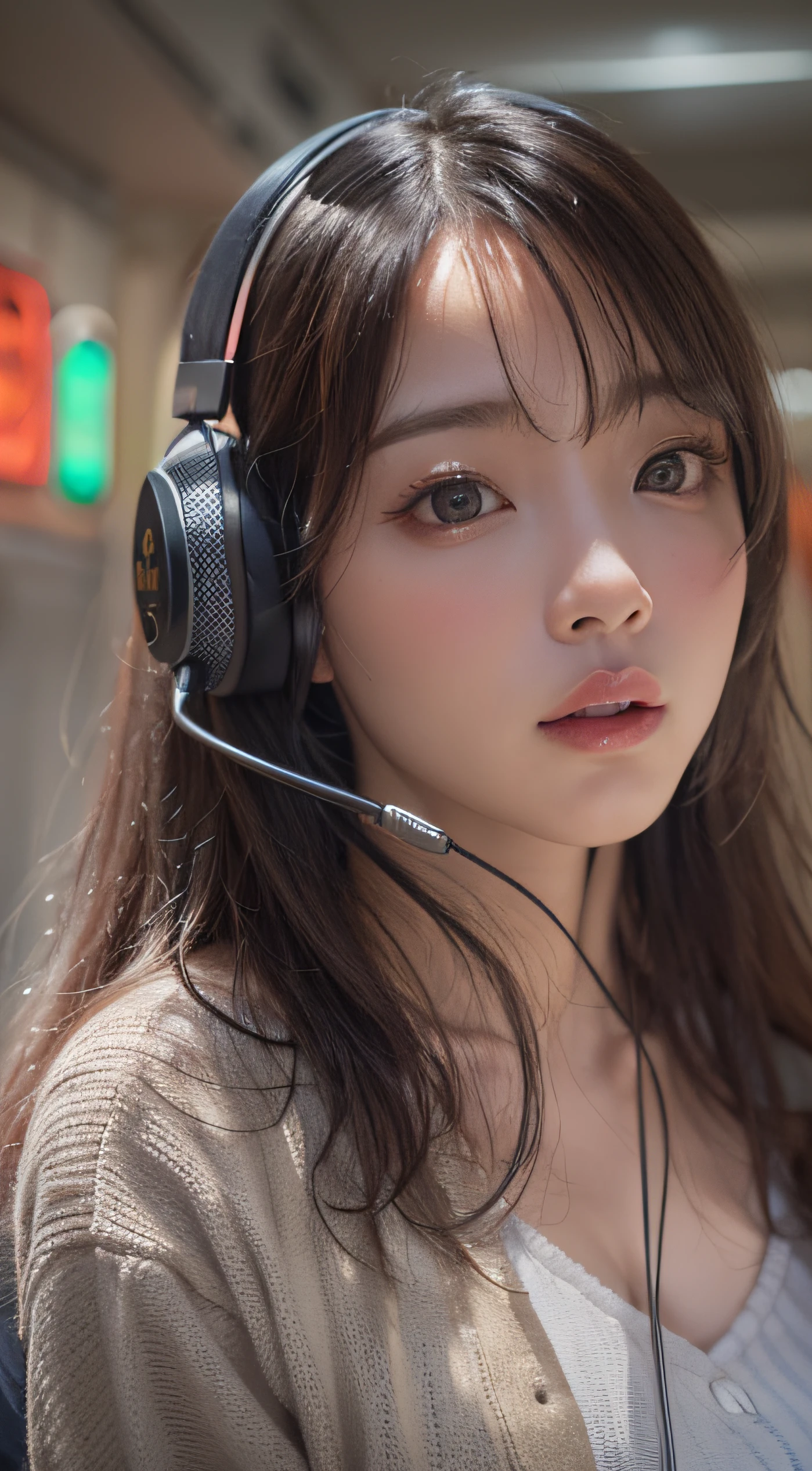 obra prima, 1 bonita, olho detalhado, Olhos inchados, qualidade superior, 超A high resolution, (realidade: 1.4), cinemac lighting, Japoneses, An Asian beauty, muito bonito, Peles bonitas, Um esguio, Corpo virado para a frente, (Um hiper-realista), (alta resolução), (8k), (ighly detalhado), ( best illustration), (olhos lindamente detalhados), (ultra-detalhada), Rosto detalhado, clear lighting, professional lighting、The background is a cyberpunk room with a large number of monitors.、The cable is connected from the suit、Hair color is red、headphone jack、tatuagem pequena no rosto、Comentarista de Jogo Feminino