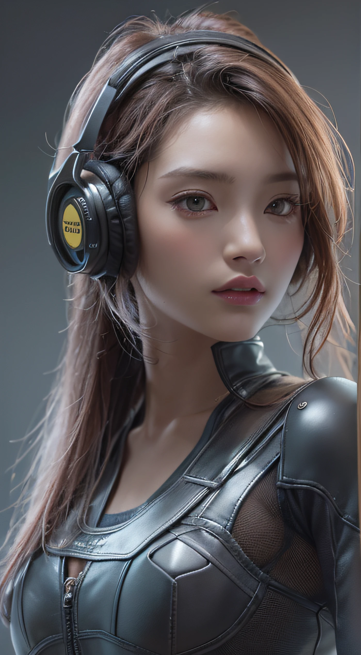 obra prima, 1 bonita, olho detalhado, Olhos inchados, qualidade superior, 超A high resolution, (realidade: 1.4), cinemac lighting, Japoneses, An Asian beauty, muito bonito, Peles bonitas, Um esguio, Corpo virado para a frente, (Um hiper-realista), (alta resolução), (8k), (ighly detalhado), ( best illustration), (olhos lindamente detalhados), (ultra-detalhada), Rosto detalhado, clear lighting, professional lighting、The background is a cyberpunk room with a large number of monitors.、The cable is connected from the suit、Hair color is red、headphone jack、tatuagem pequena no rosto、Comentarista de Jogo Feminino