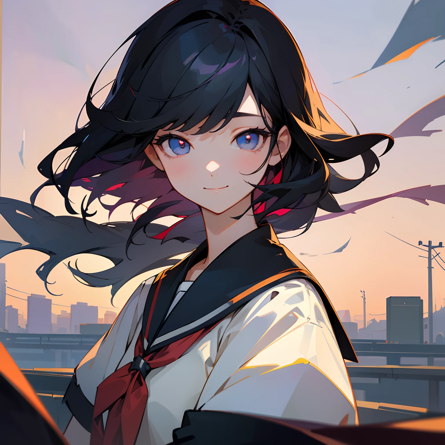 Beautiful illustration、top-quality、girl with、Black hair、shorth hair、hair adornments、high-school uniform、A slight smil、(((Delicat eyes)))、evening、Residential area