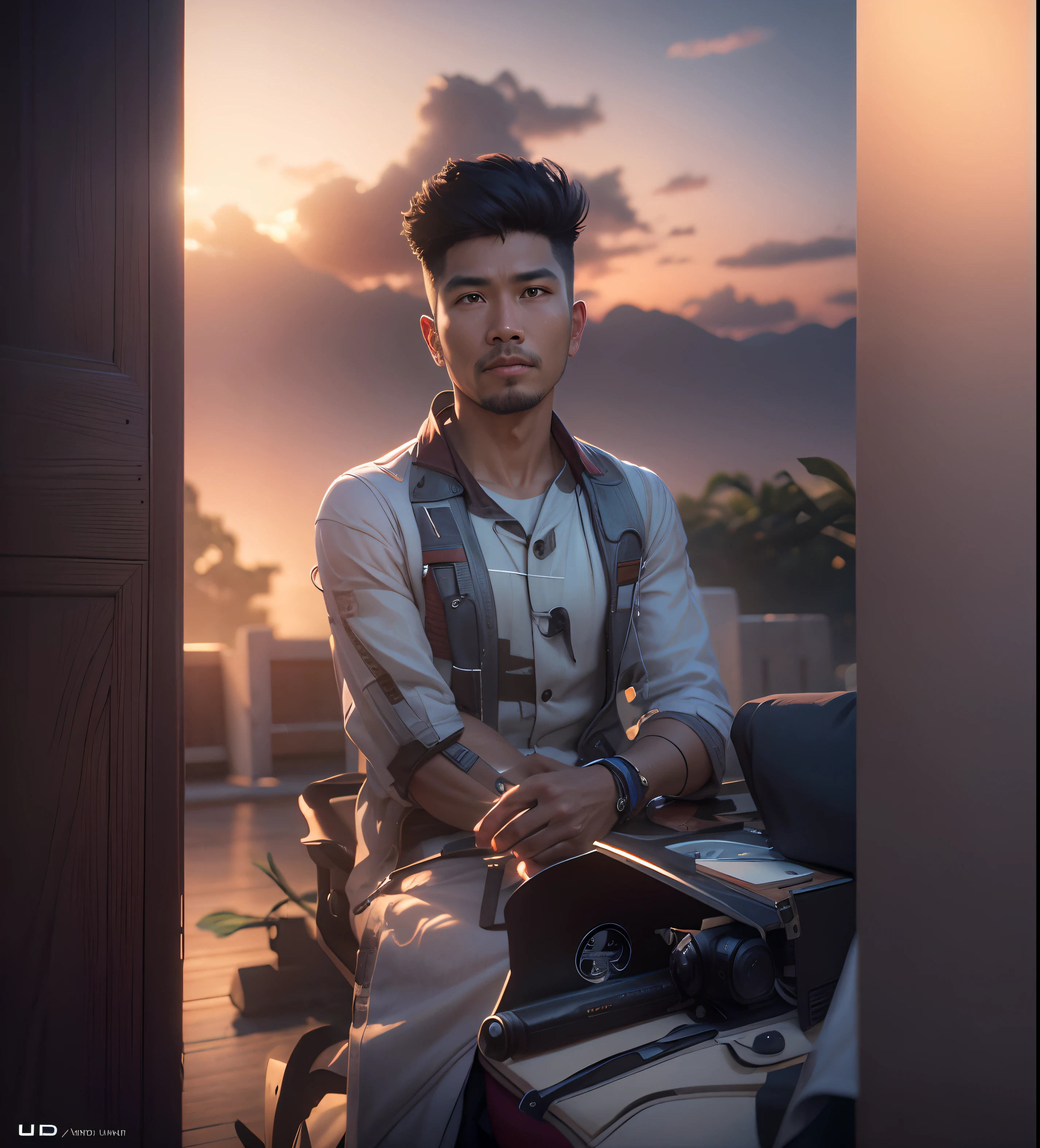 Change background into Filipino landscape, cinematic lighting, depth of field, bokeh, realism, photorealistic, hyperrealism, professional photography, uhd, dslr, hdr