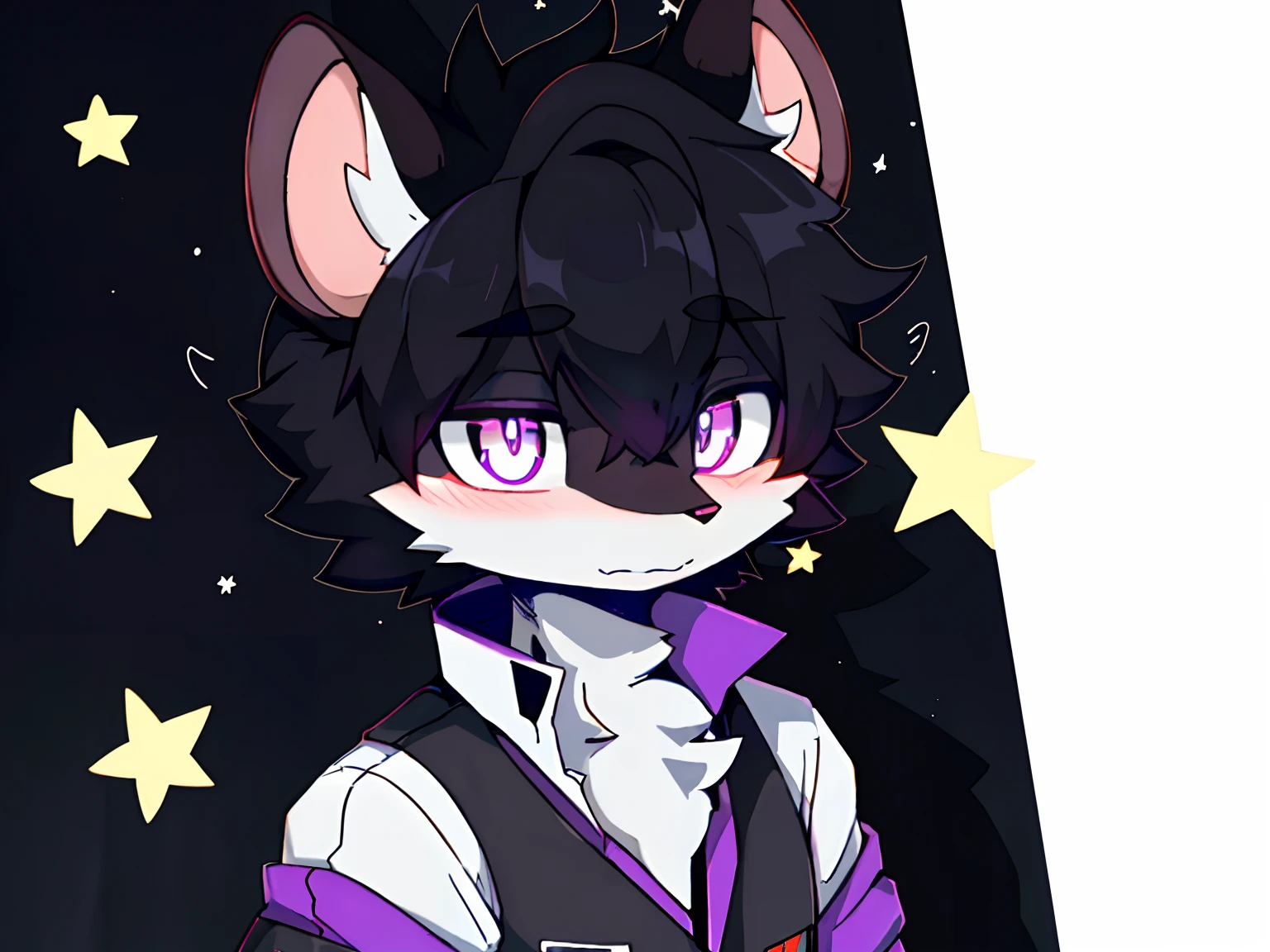 short detailed hair，Pure black hair，Japan School Uniform，Anime boys, shoun，Anime moe art style, unknown artstyle, discord pfp ，Art in a somber and dull style, Half-body diagram，Gray mouse ears，White fur，Orc symbaroum，Furry，独奏，Dark pupils，Blackn clothes，Purple clothes striped，Black hair, Big hair, sweeping bangs, Colored inner hair, Bored, Lonely, Multicolored eyes,, Star-shaped pupils, star hair ornament, reference sheet, ccurate，The eyes are dark，Gray fur，