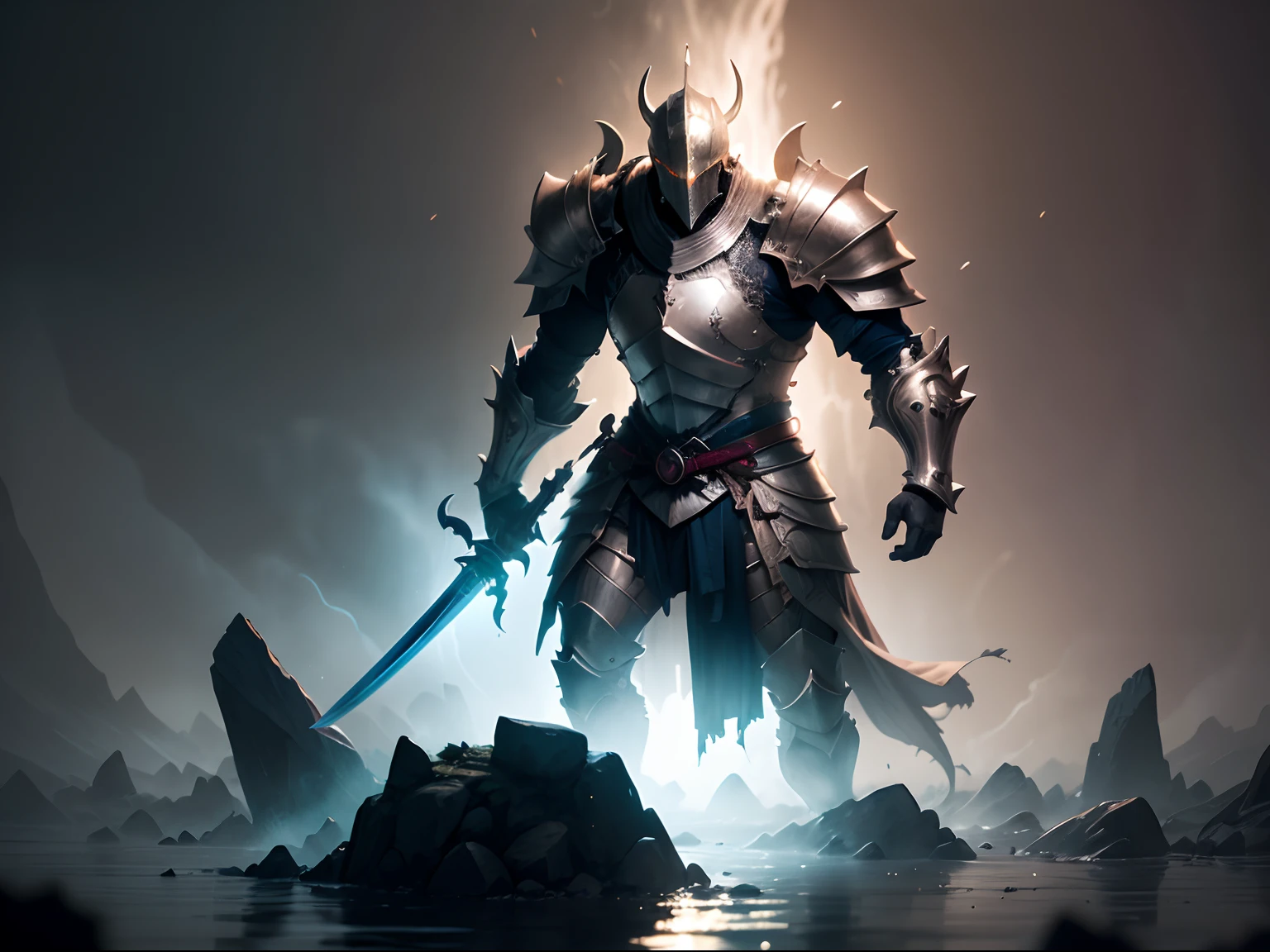 Knight adorned with a Gargantuan Sword, Ornate Helmet, and Jagged Armor Spikes, exuding a Sinister Aura. Bathed in the eerie glow of Flickering Torchlight, a striking figure emerges from the depths of Haunting Shadows and Mysterious Mist. With sheer determination, the knight is seen Raising the Massive Sword, its Ancient Runes on Armor gleaming mysteriously.

The scene is enriched by Dramatic Shadows that dance across Reflective Surfaces of the knight's armor, contrasting against the Dark Ambience of the desolate battleground. The Radiant Armor Metal reflects the ethereal torchlight beautifully, casting an otherworldly sheen.

As a finishing touch, Drops of Water trickle down the armor, offering Realistic Water effects that glisten in Sharp Focus. Vivid Colors punctuate the scene, showcasing the intricate details of the knight's gear. This masterpiece is meticulously crafted in stunning 4K resolution, ensuring the Highest Quality visual experience.