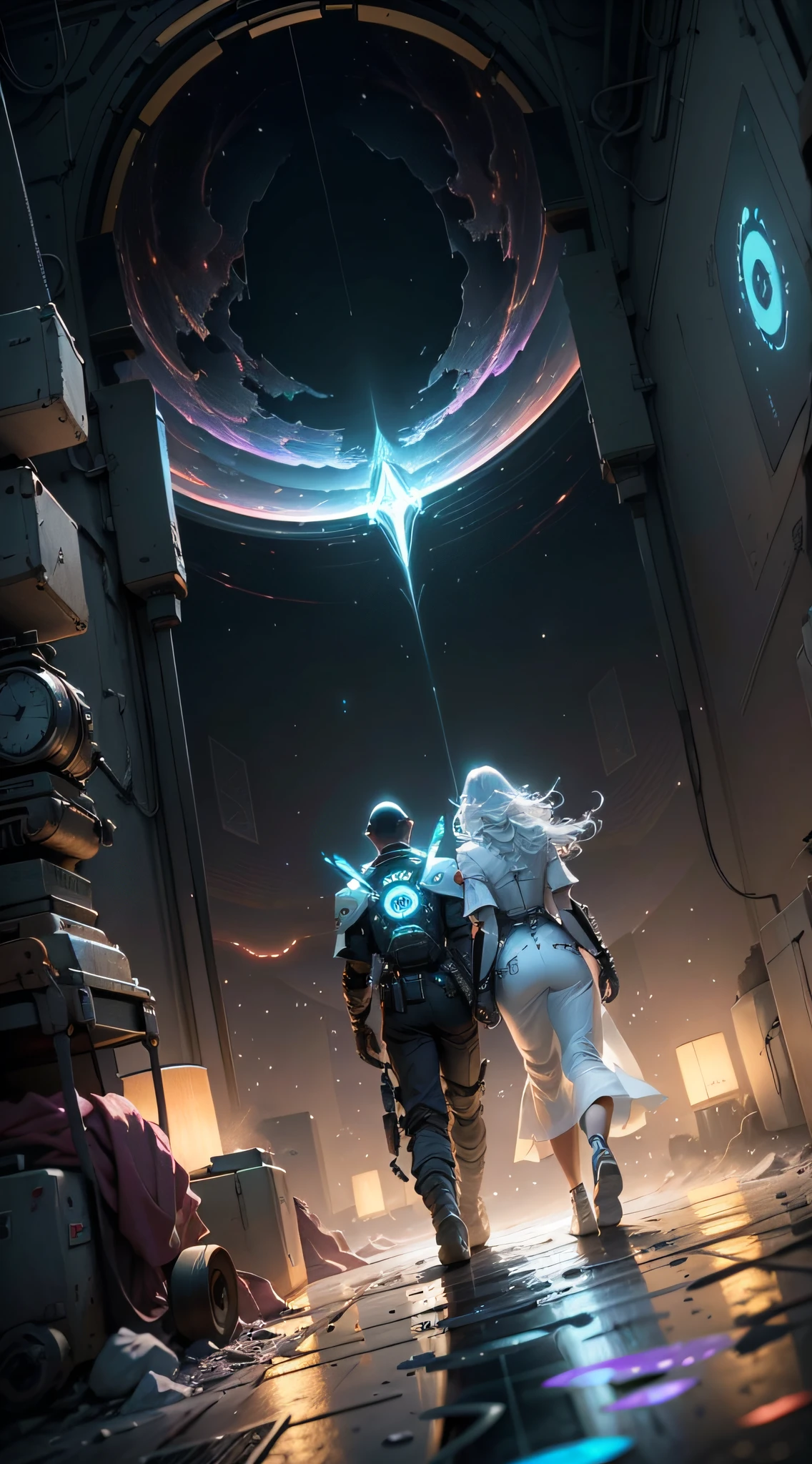 ((melhor qualidade)), ((obra-prima)), (altamente detalhado:1.3), ....3d, Create a captivating cover illustration for the book 'Quantum Adventures': The Saga of Crateús with elements such as an interdimensional portal, spacecraft, quantum physics, and a pair of spies, sem texto na imagem.
The image should depict a resplendent interdimensional portal with an impressive cosmic backdrop. Two advanced spacecraft are expected to exit the portal, Standing out against the starry backdrop. no centro da imagem, a pair of spies, Roberto and Márcia, deve ser retratado de forma heroica e determinada, vestindo trajes de espionagem futuristas. The scene should capture the essence of quantum physics, with spatio-temporal distortion elements. Make sure there is no text in the image, just engaging and exciting illustrations that invite readers to explore this interdimensional world, HDR (high dynamic range), ray tracing, NVIDIA RTX, Super-Resolution, Unreal 5, espalhamento subsuperficial, PBR Texturing, Post-processing, anisotropic filtering, profundidade de campo, Maximum clarity and sharpness, texturas multicamadas, Mapas especulares e de albedo, surface shading, Accurate simulation of light-material interaction, perfectly proportions, octane rendering, dual-tone lighting, ISO baixo, white-balance, rule of thirds, Aeratura, 8K BRUTO, subpixel efficiency, sub-pixel convolution, luminescent particles,