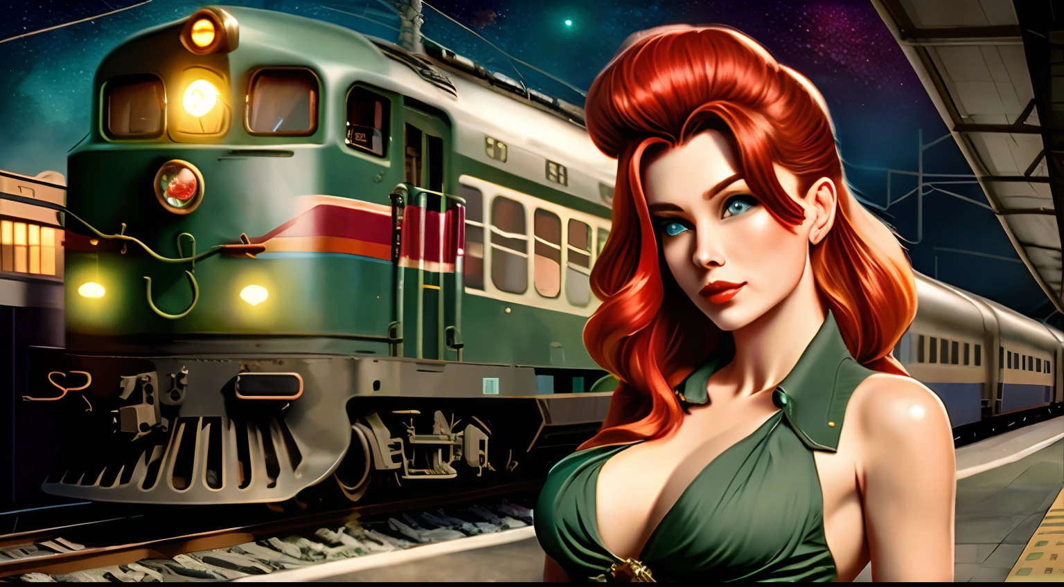 Masterpiece, (trains tracks at train station), bright starry sky, Romantic train, reflection, detailed scenery —width 672, enhanced details, official art, dynamic angle, (ultra wide shot), RAW, photorealistic, ultra detailed, aesthetically pleasing, High quality, masterpiece, best quality, a woman red hair, beautiful face, green eyes, sexy pose, pinup art, wearing (steampunk medium length dark green dress) with leather boots and green top hat (1.6 intricate details, Masterpiece, best quality), thick hair, long hair, auburn red hair, fair skin intense ((brown)) eyes, in front of Red and blue train on the tracks in a (train yard), 4 0 9 6, trains in the background, locomotive, train, golden engines, choo choo, trains, biomechanical railroad, glamorous and sexy, red hair, beautiful face, brown eyes, sexy pose, pinup art, pin - up, pin-up, pin up, pinup, pin - up girl, pin up girl, pinup girl, (outlined iris), ((perfectly balanced eyes)),