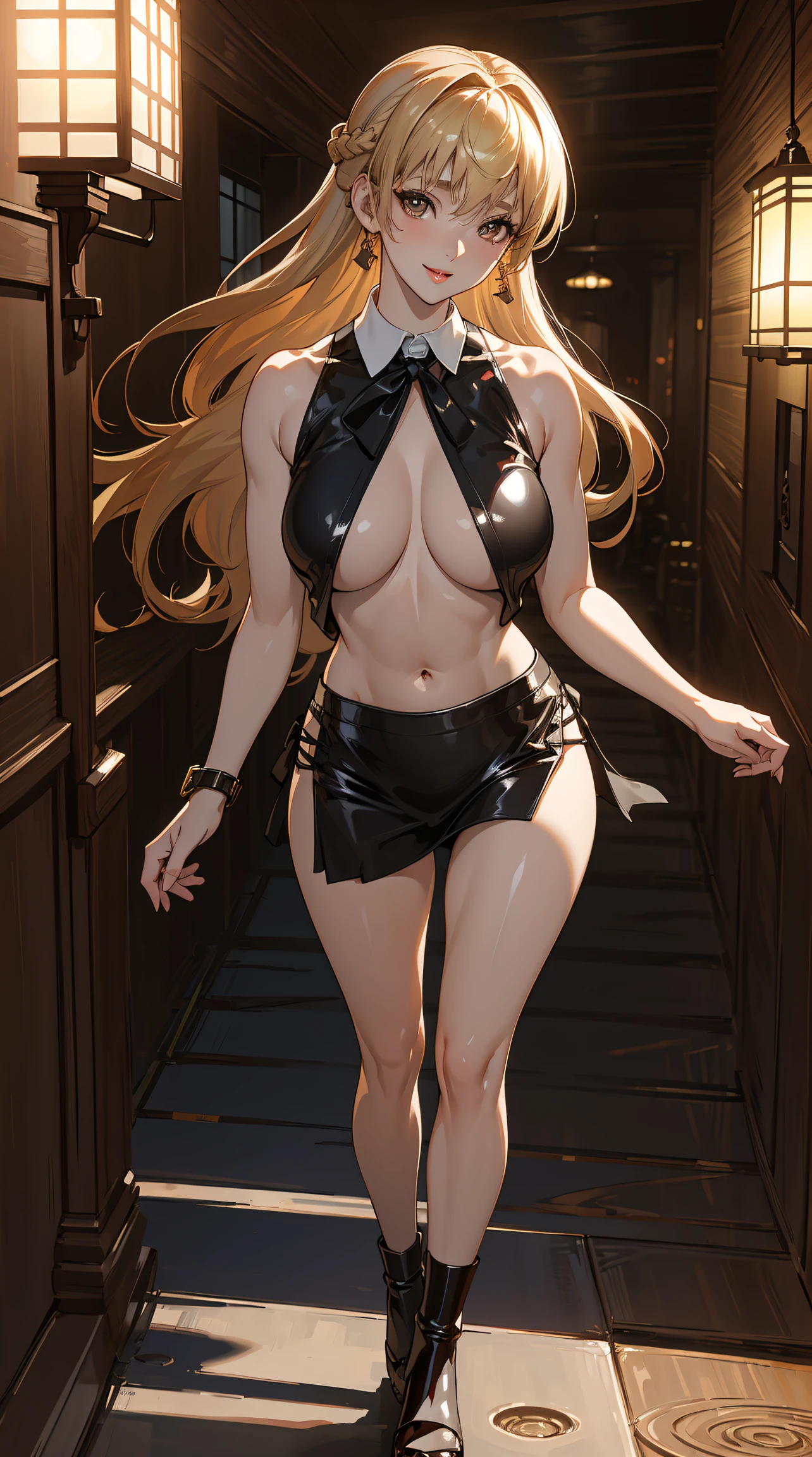 (masterpiece:1.3), high resolution, ultra detailed, extremely detailed CG unity 8k wallpaper, realistic, photo-realistic, RAW photo, beautiful detailed face, pale skin, realistic glistening skin, detailed cloth texture, detailed hair texture, Perfect body, Beautiful Face, accurate, Anatomically correct, Highly detailed face and skin texture, natural neck length, (beautiful hands), (fair skin:1.2), Thin legs, Thin feet, BREAK, Detailed eyes, symmetric eyes, Light Brown eyes, Double eyelids, Thin eyebrows, (Glossy lips:1.4), (gently smile:1.2), BREAK, (nsfw:1.2), (A Classy and Cute girl:1.3), (1 girl, one girl), ((wearing a Violet sleeveless keyhole neck midriff short sweater:1.3)), ((Showing under boob:1.4)), (White pleated mini skirt), (long boots), (wearing glasses:1.1), (medium large breasts, slender figure, firm abs, firm breasts:1.2), beautiful clavicle, (blonde hair, wavy hair, long hair:1.3), ((asymmetrical bangs:1.2)), BREAK, ((Walking close to me in the her stylish house in Japan:1.3)), (looking at viewer:1.2), ((Focus on face:1.2)), (Full body shot:1.2),