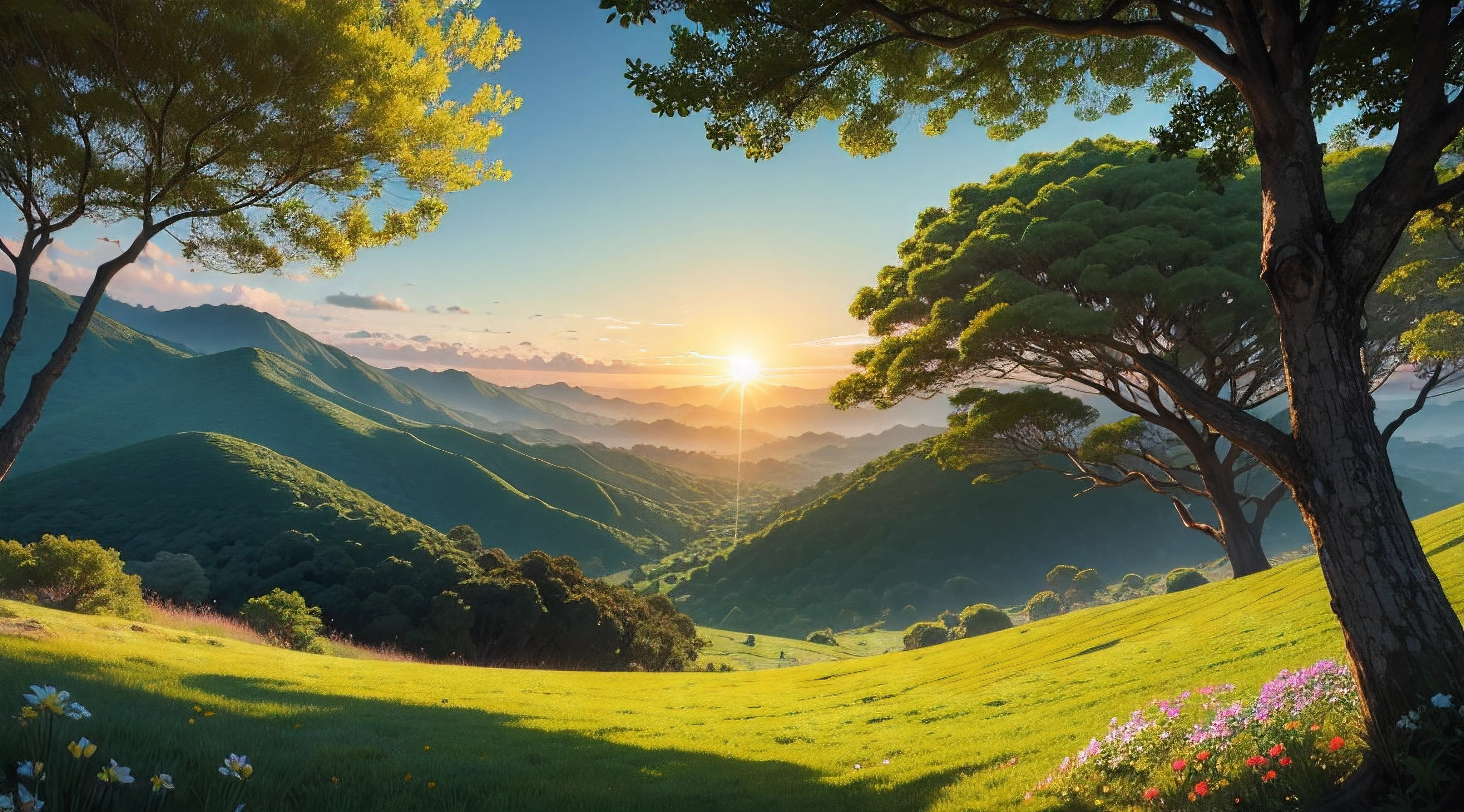 Uma imagem que representa um nascer do sol radiante sobre uma paisagem calma e serena, em alta qualidade, vento, flores , texturas , grama verde