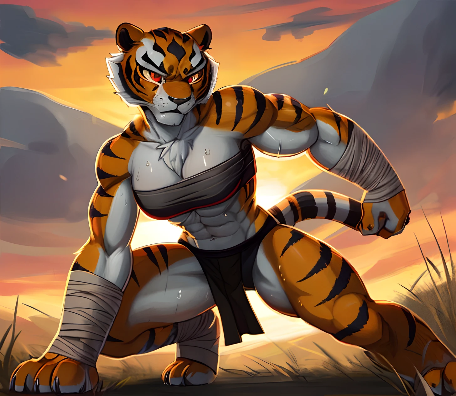 [mastertigress], [Uploaded to e621.net; (Pixelsketcher), (wamudraws)], ((masterpiece)), ((solo portrait)), ((full body)), ((front view)), ((feet visible)), ((furry; anthro tiger)), ((detailed fur)), ((cel shading)), ((intricate details)), ((detailed shading)), ((beautiful render art)), {female anthro tiger; orange fur, black stripes, tiger tail, black nose, beautiful red eyes, (yellow sclera), (angry), (fang), (sweat on face), (defined abs), (defined muscles), (medium boobs), (thin curvaceous hips)}, {(bandage bandeau), (chest wraps), (midriff), (yellow loin cloth), (leg wraps), (wrists wraps), (beautiful feet), (black claws)}, {(horse-stance), (karate), (looking at viewer)}, [background; (grass field), (orange sky), (sunset)]
