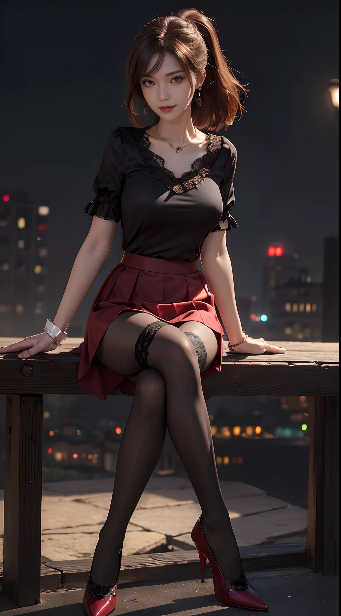8k, masterpiece, RAW photo, best quality, photorealistic, extremely detailed CG unity 8k wallpaper, Depth of field, Cinematic Light, Lens Flare, Ray tracing, (extremely beautiful face, beautiful lips, beautiful eyes), intricate detail face, ((ultra detailed skin)) 1girl, in the dark, deep shadow, pretty Asian girl, idol, 1 girl, (very slim slender fit-muscled body:1.3), ((looking at viewer)),(big smile:1.3), (tight laced blouse), ((black red color blouse)), (laced short sleeve) , (city night, dark night, (blurred background), dim lights, cityscape, rooftops, beautiful earrings, bracelets, necklace, pantyhose, clear eyes, (pale skin), (big eyes), face forward, ((upper body shot)), ((silk red color skirt)),(brown hairs),((tight fitting skirt )), (looking at viewer:1.3), open breast, (very slim), medium breasts, (laced stockings ),((flooming laced blouse )), sitting, (high heels), crossing legs