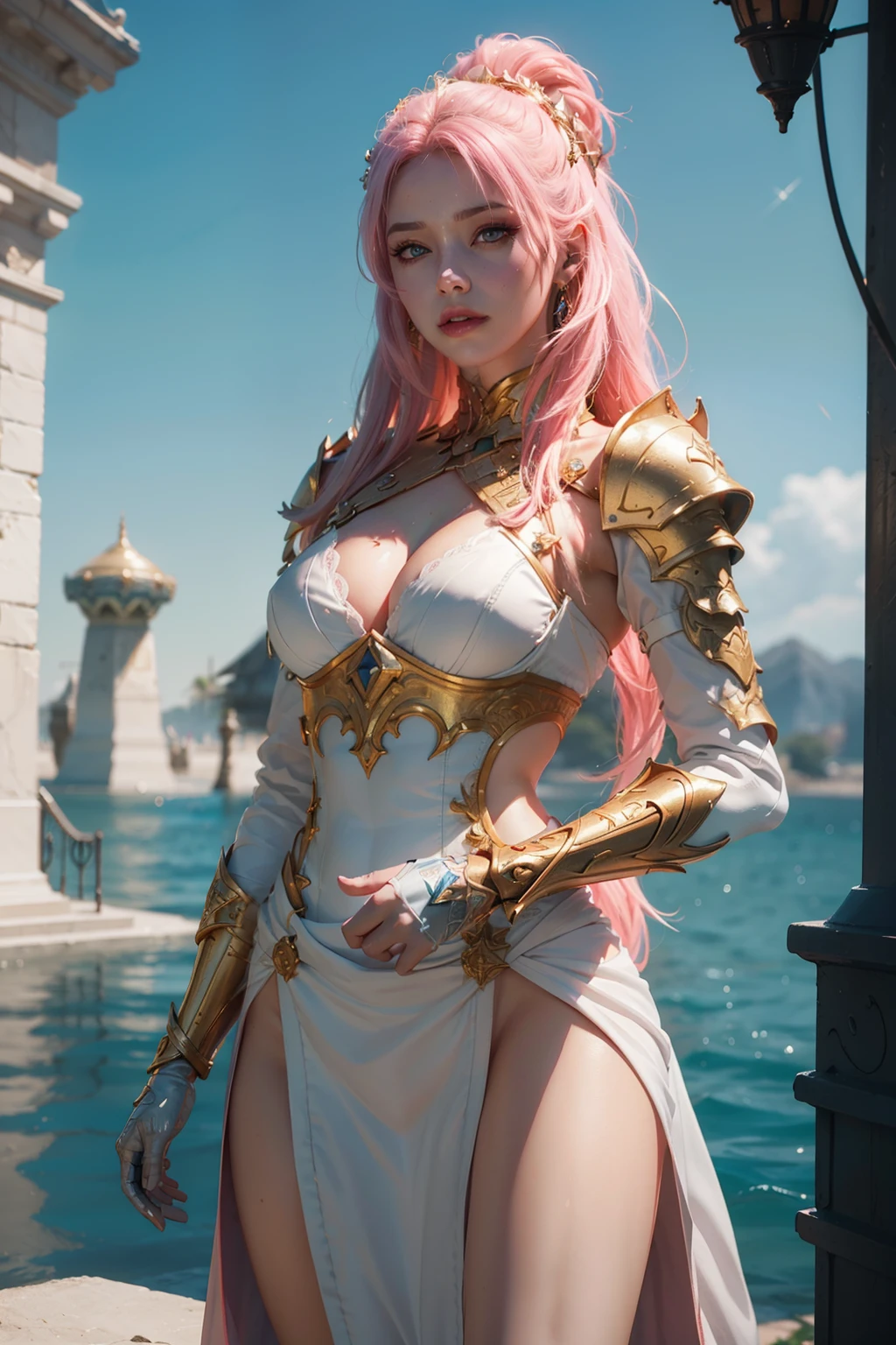 From face to the waist::1, realistic skin texture, zbrush::1 realistic super detailed hair, 3d::1, white princess costume armor::1,panning photography::1, vaporwave::1, golden hour, unreal engine::1, zbrush::1, pink hair::1, bold makeup::1