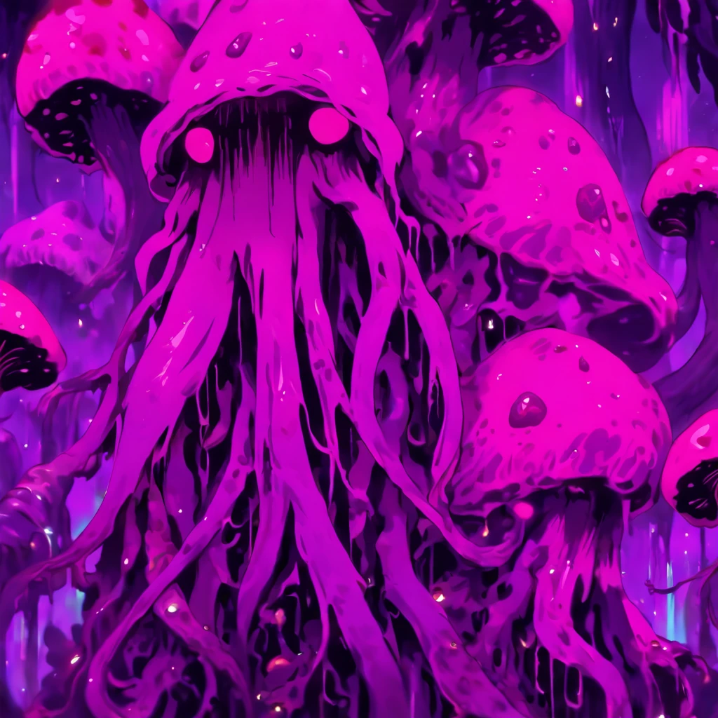 Mind Flayer white-pink and vivid purple, covered in mushrooms with glowing spores, dripping with fungus slime, masterpiece, best quality