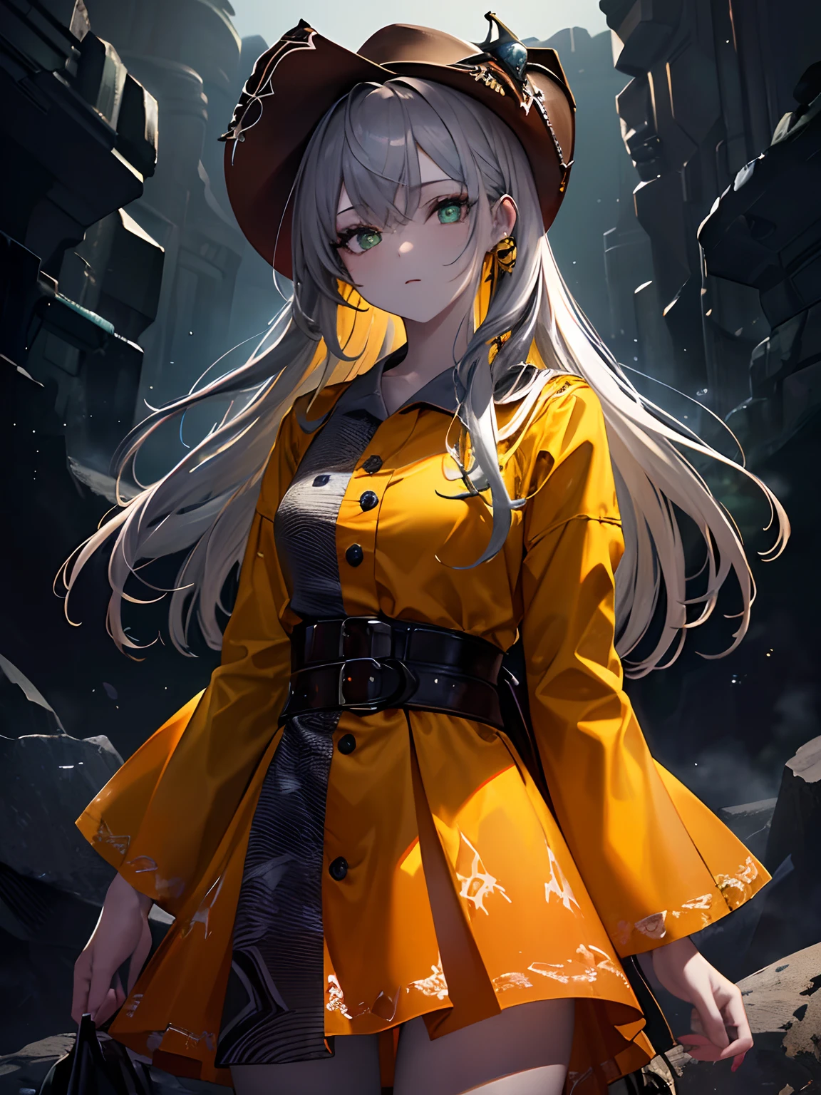 (Masterpiece, Best quality, ultra high resolution),1girl,(multicolored hair, green,orange, yellow), shadow dress,(grey skin),beautiful and detailed face, detailed eyes,(grey theme),sunset,in the dark cave,(((cowboy shot)))