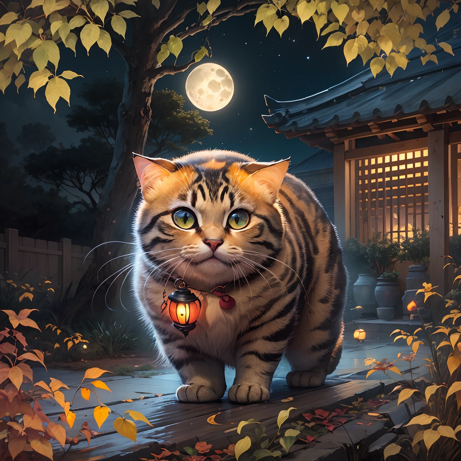 Mid-Autumn Full Moon, A round-eyed cat carrying a Mid-Autumn Festival lantern, yard.