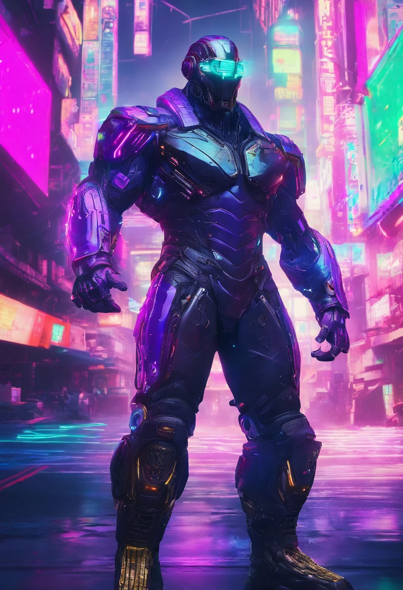 THANOS estilo cyberpunk, colorido em preto e neon, featuring complex and intricate mechanical structures with shiny parts. fundo simples, Fotografado por Juergen Teller. CAMERA MODEL: Sony a9 II. Camera parameters: Velocidade do obturador 1/200, Abertura F4.5, ISO 800 Certificate. Lighting style: street lighting. Palavras de fantasia: poderoso, Elegante, Futuristic