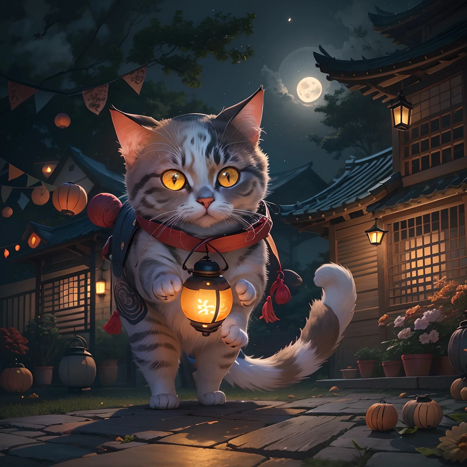 Mid-Autumn Full Moon, A round-eyed cat carrying a Mid-Autumn Festival lantern, yard.