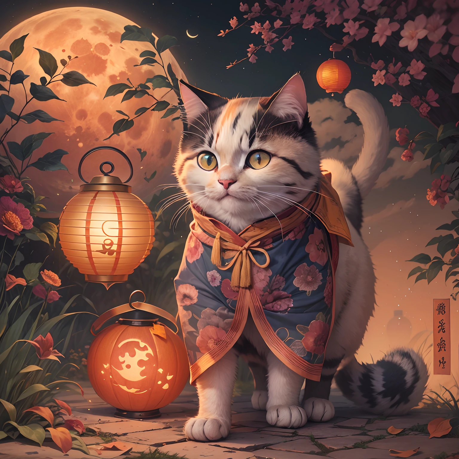 Mid-Autumn Full Moon, A round-eyed cat carrying a Mid-Autumn Festival lantern, yard.