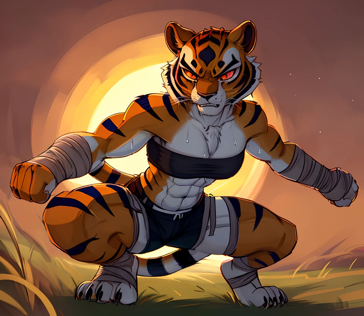 [mastertigress], [Uploaded to e621.net; (Pixelsketcher), (wamudraws)], ((masterpiece)), ((solo portrait)), ((full body)), ((front view)), ((feet visible)), ((furry; anthro tiger)), ((detailed fur)), ((cel shading)), ((intricate details)), ((detailed shading)), ((beautiful render art)), {female anthro tiger; orange fur, black stripes, tiger tail, black nose, beautiful red eyes, (yellow sclera), (angry), (fang), (sweat on face), (defined abs), (defined muscles), (medium boobs), (thin curvaceous hips)}, {(bandage bandeau), (chest wraps), (midriff), (black shorts), (leg wraps), (wrists wraps), (beautiful feet), (black claws)}, {(squatting), (balled-up fists), (looking at viewer)}, [background; (grass field), (orange sky), (sunset)]