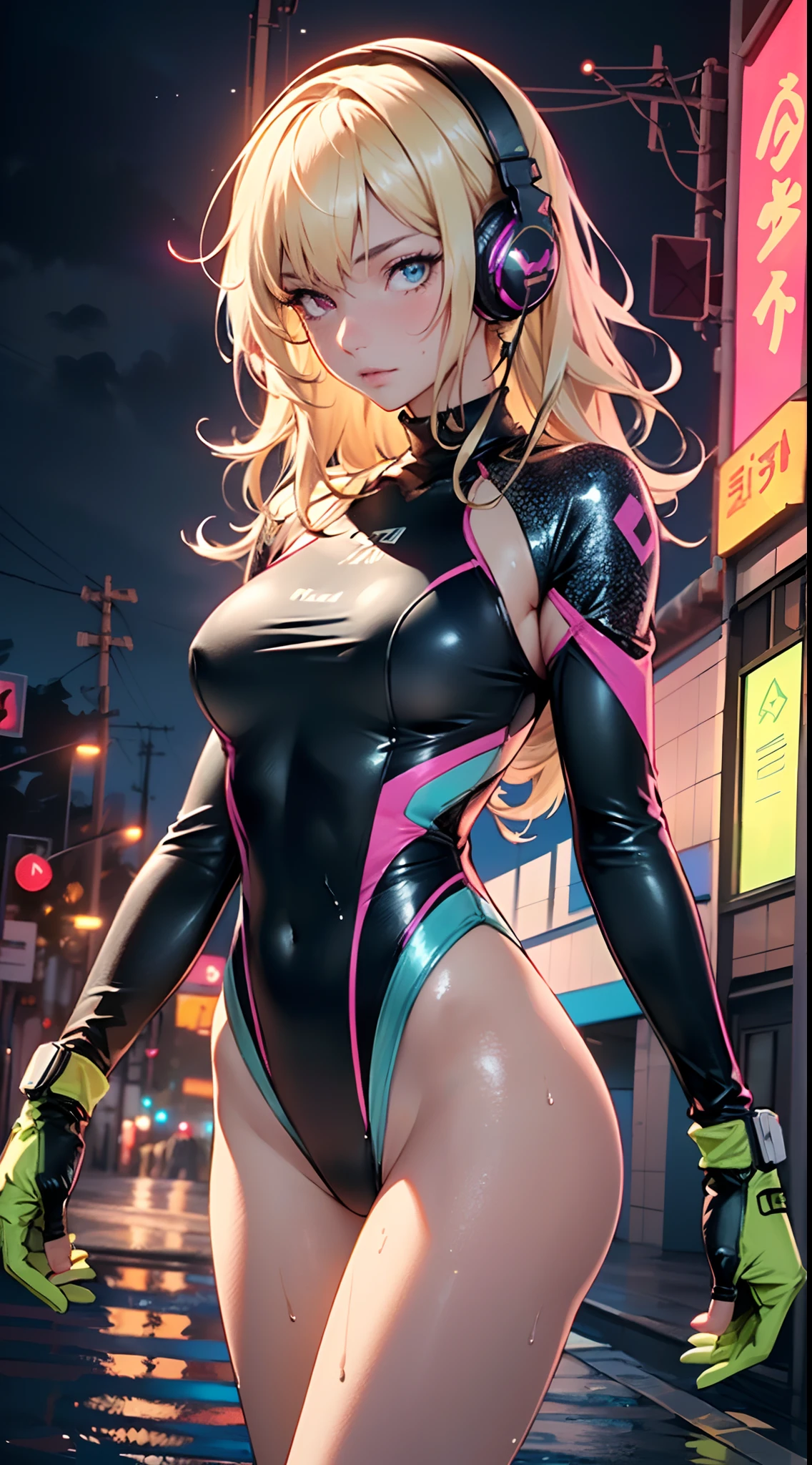 girl swimmer,((girl with extremely cute and beautiful blonde hair)),
(large breasts:1.4),saggy breasts,(((very light blonde hair:1.35,straight hair,long hair:1.4,colored inner hair,ear breathing))),((heterochromia:1.5, (pink_eye and yellow_eye))),intricate eyes,beautiful detailed eyes,symmetrical eyes,((fat)),(((lustrous skin:1.5,bright skin: 1.5,skin tanned,shiny skin,very shiny skin,shiny body,plastic glitter skin,exaggerated shiny skin,illuminated skin, wet legs))),(spider lower abdomen,narrow waist,wide hip,athletic body,inflated legs,detailed body,(detailed face)),
cute,slutty,seductive,erotic,(((nsfw))),
zettai ryouiki,((one-piece_swimsuit magenta,wearing a one-piece_swimsuit outfit:1.3,swimsuit type spacesuit,magenta armor swimsuit:1.3)),(rgb headphones:1.5),((wet clothes,intricate outfit,intricate clothes)),
(dynamic pose:1.0),embarrassed,(centered,scale to fit dimensions,Rule of thirds),
cyberpunk city by the ocean at night, with bright neon signs and dark stormy clouds and puddles, scenery:1.25,
artistic photography,(photography taken by sldr),highres, sharp focus, (ultra detailed, extremely detailed), (photorealistic artwork:1.37),(extremely detailed CG unity 8k wallpaper),((synthwave background theme)),(((vibrant colors))),(intricate background),(masterpiece),(best quality),