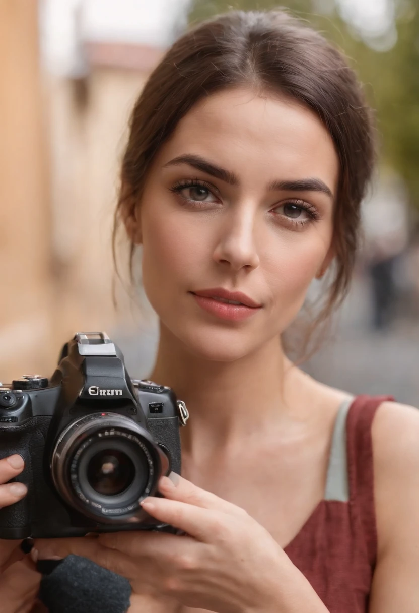 30-year-old woman realistic photographer, with camera, Italian woman