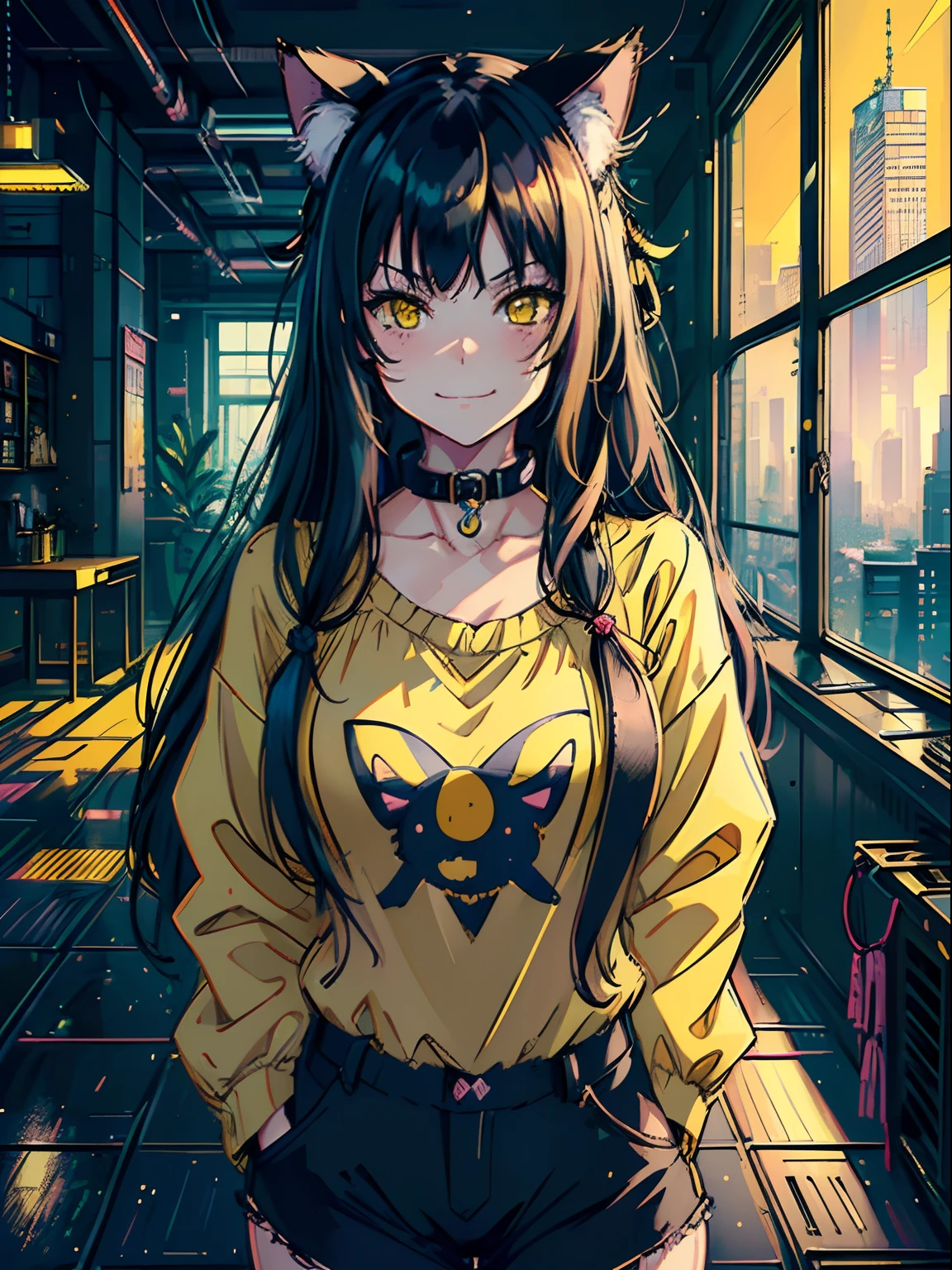 (best quality, 4k, 8k, high-res, masterpiece, ultra-detailed, pastel, anime style), (1girl, cat ears, long black hair, yellow eyes, catgirl, playful smile, smug, looking at viewer), (collar, black casual clothes), (cyberpunk interior design), cyberpunk interior behind, apartment, big windows