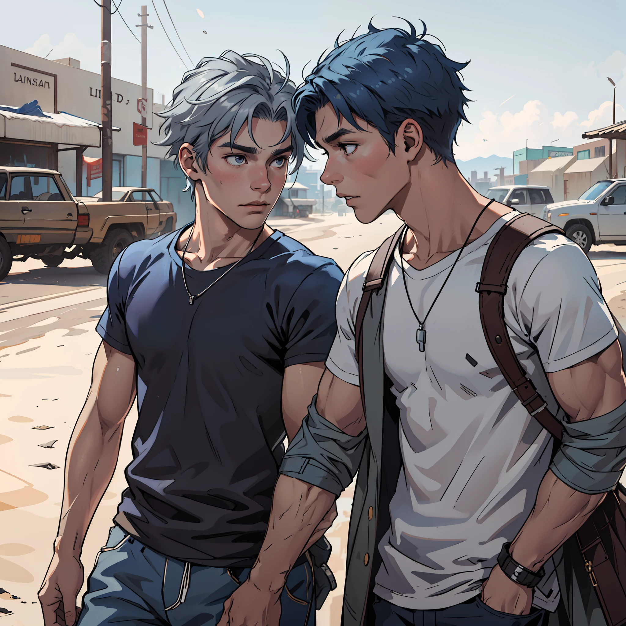 In the background is a silver city Two 15-year-old teenage friends with blue hair, With Latin skin and light gray hair on the outskirts of a large silver city they are talking about an important topic they are friends almost like brothers.........