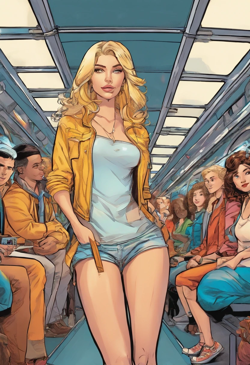 American comics Train with passengers in the middle - beautiful half-naked slim blonde teenager The style is exaggerated and detailed