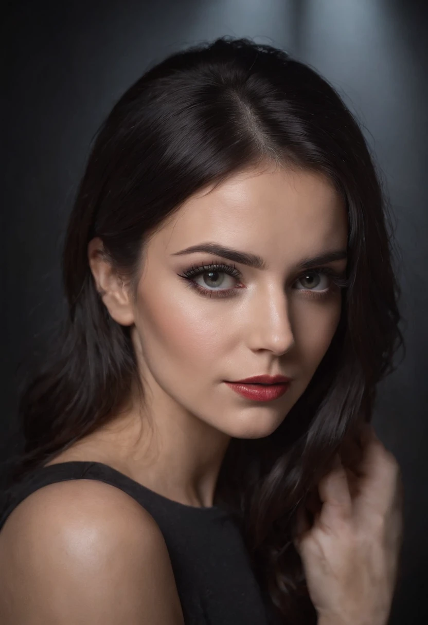 30-year-old woman realistic photographer, with camera, sexy Italian woman, black shiny hair, eyeliner, in dark room