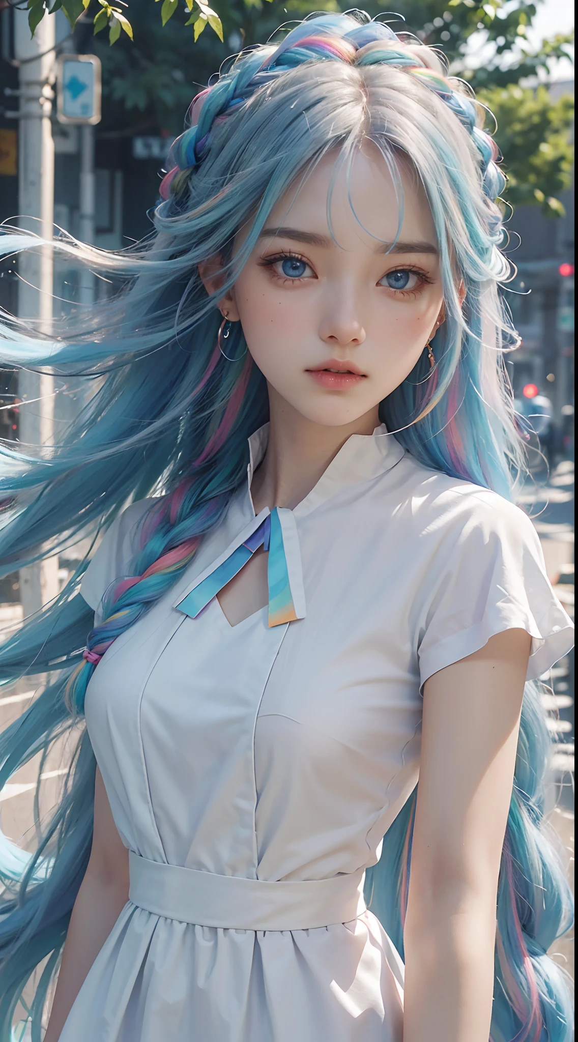 with a pure white background,Colorful hair,long whitr hair,Colorful braided hair,one-girl,solo,Look at the lens at the highest quality,Light blue eyes,((Strands of hair)),鎖骨,Loose shirt,Sweet cool,cuteexpression,Cute earrings,((with rainbow colored background),Highest image quality,8k,Frontal lighting,high qulity,Good atmosphere,delicated,cg render,detail render,(Delicate facial portrayal)(Fine hair portrayal)(highest quality)(Master masterpieces)(High degree of completion)(a sense of atmosphere)