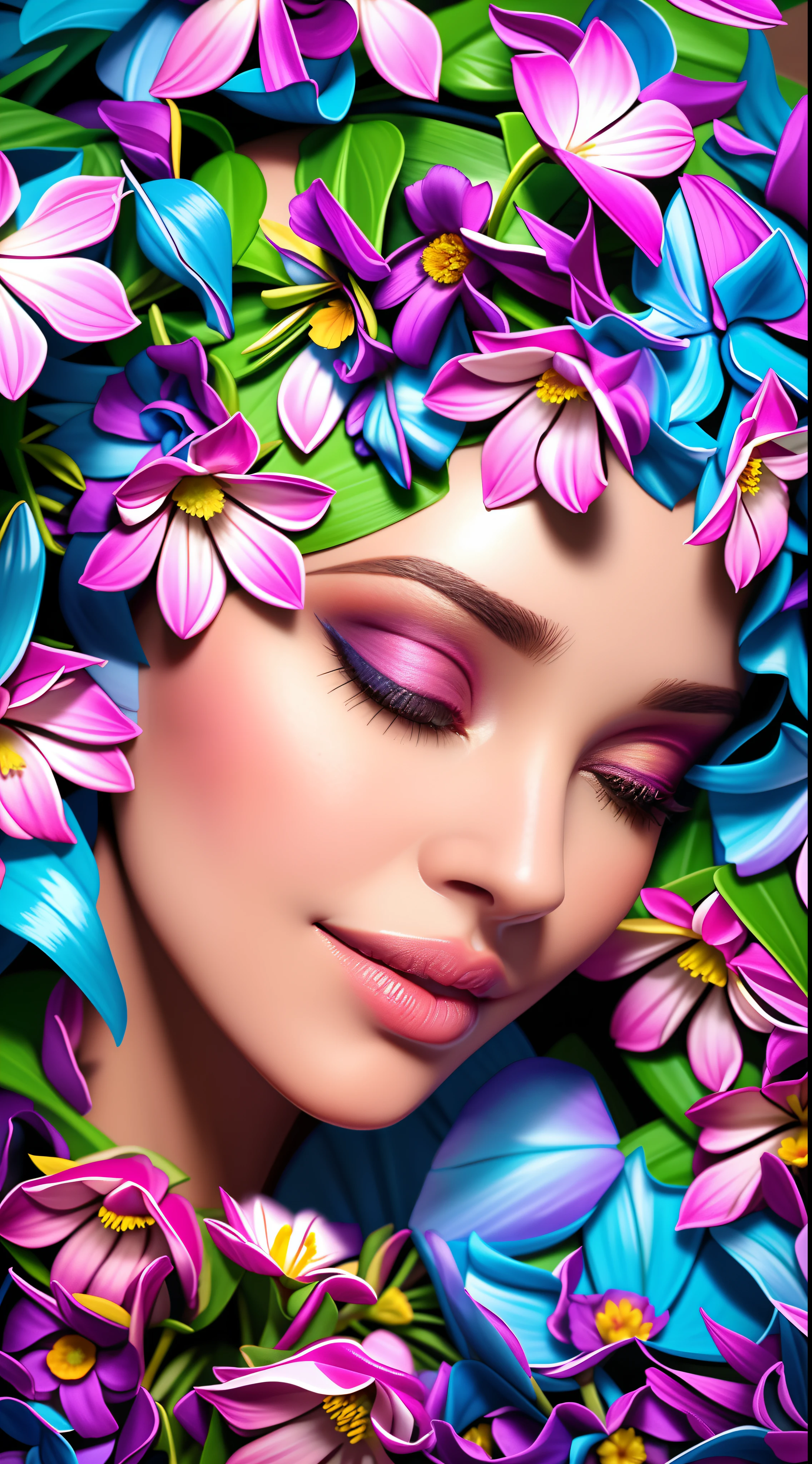 flores roxas cercam o rosto e os olhos de uma mulher, her face is a mauve flower, deusa flor, mulher nas flores, cor da pele roxa, Beautiful woman, cores vividamente bonitas, beleza natural, arte bonita, lindas cores vibrantes, !!beleza natural!!, Beautiful, com cores lindas, mulher linda, pele escura deusa feminina do amor, beautiful face!!!!