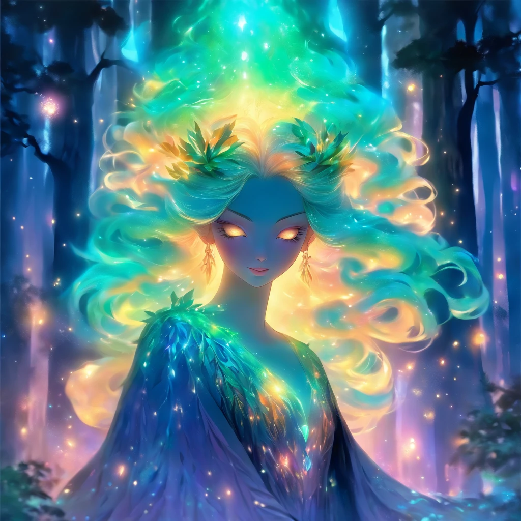 (best quality,highres,ultra-detailed),female with glowing teal eyes,rainbow colored hair,casting glowing spells,mystical forest,witch,goddess,medium:oil painting,beautiful detailed lips,dark and mysterious atmosphere,flowing gown,ethereal light,sorcery and magic,soothing calmness,inspiration from fantasy novels and mythology,enchanted creatures,peaceful and serene background,dream-like setting,vibrant colors and rich textures,creation surrounded by nature,whimsical and mystical elements,harmonious and enchanting ambiance,luminous glow of the spells,graceful and powerful posture,alluring and captivating aura,eyes shining with ancient wisdom,transformation and metamorphosis,unveiling the hidden mysteries of the forest,otherworldly energy and power,feminine strength and elegance,dark and vibrant color palette,soft and delicate brush strokes,exquisite attention to detail,revealing the power of nature and its delicate balance,awakening the mystical connection between humans and the natural world,bringing forth the hidden beauty and secrets of the forest,transcending reality and entering a realm of enchantment and wonder.