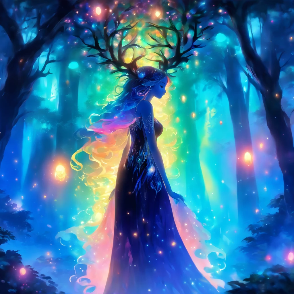 (best quality,highres,ultra-detailed),female with glowing teal eyes,rainbow colored hair,casting glowing spells,mystical forest,witch,goddess,medium:oil painting,beautiful detailed lips,dark and mysterious atmosphere,flowing gown,ethereal light,sorcery and magic,soothing calmness,inspiration from fantasy novels and mythology,enchanted creatures,peaceful and serene background,dream-like setting,vibrant colors and rich textures,creation surrounded by nature,whimsical and mystical elements,harmonious and enchanting ambiance,luminous glow of the spells,graceful and powerful posture,alluring and captivating aura,eyes shining with ancient wisdom,transformation and metamorphosis,unveiling the hidden mysteries of the forest,otherworldly energy and power,feminine strength and elegance,dark and vibrant color palette,soft and delicate brush strokes,exquisite attention to detail,revealing the power of nature and its delicate balance,awakening the mystical connection between humans and the natural world,bringing forth the hidden beauty and secrets of the forest,transcending reality and entering a realm of enchantment and wonder.