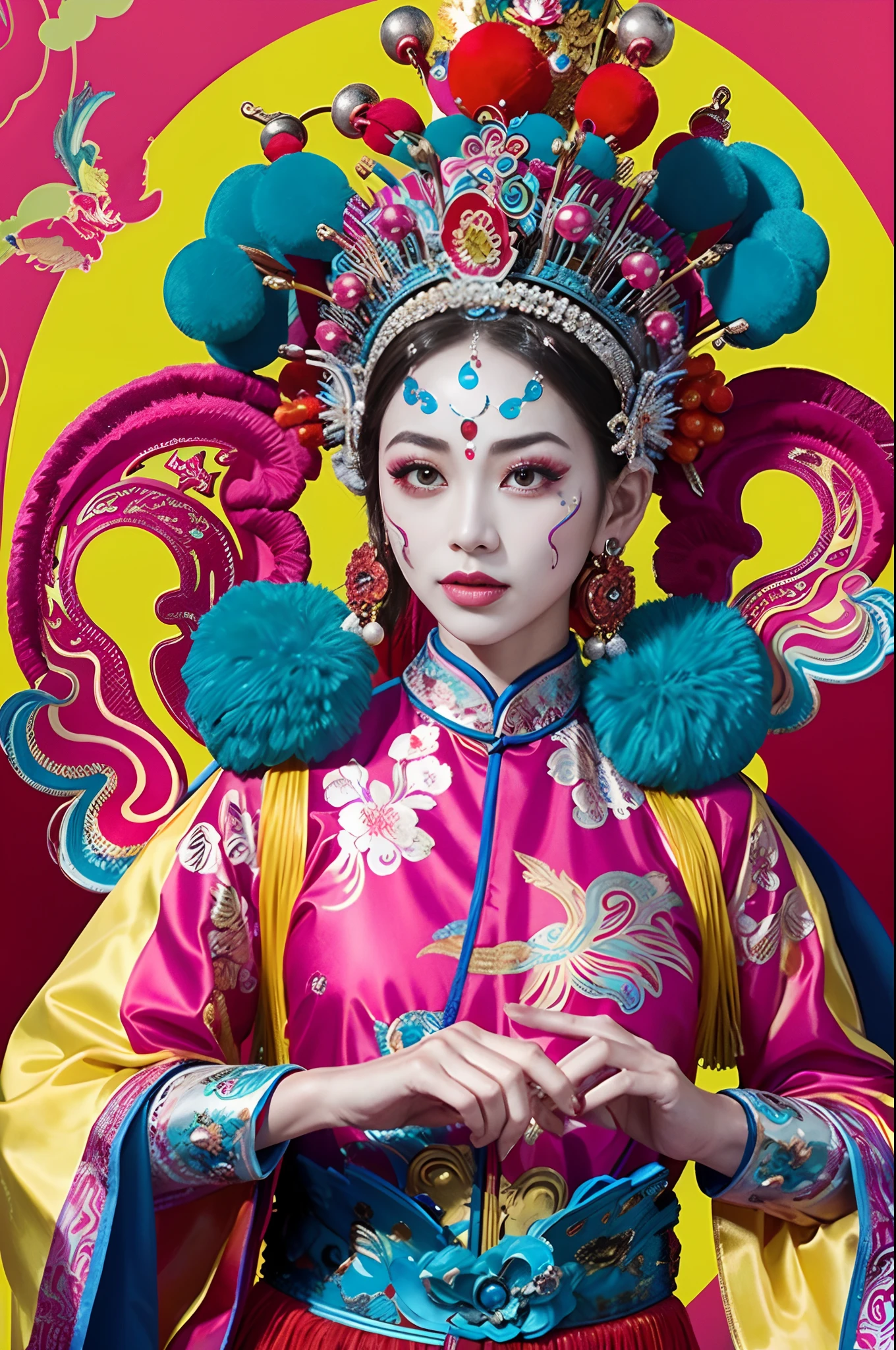 Woman in traditional Chinese clothing，Phoenix crown，Chinese Ghost Festival，（tmasterpiece，top Quority，best qualtiy，offcial art，Beauty and aesthetics：1.2），（1girll：1.3），The is very detailed，（s fractal art：1.1），Most detailed，（ zentangle:1.2), full bodyesbian, (abstract backgrounds:1.3), (Shiny skin), (many color:1.4), ,(Earrings), (feater:1.5), inspired by Xie Huan, beijing opera, inspired by Chen Rong, flower mask, inspired by Wang Ximeng, inspired by Liu Jun, ruan jian, geisha mask, inspired by Zhang Wo, inspired by Wu Bin, Chinese art