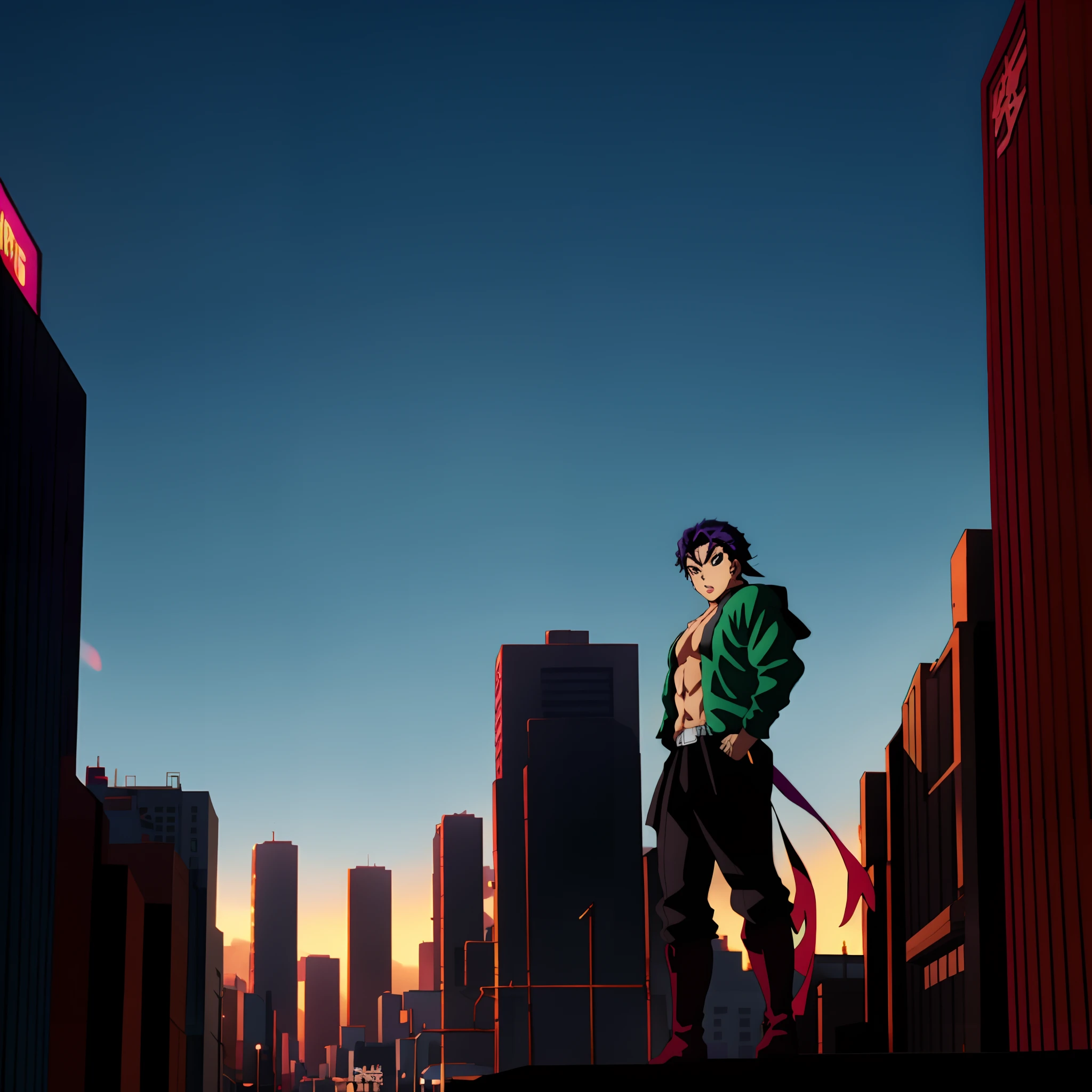 anime character in front of a city street with buildings in the background with heroic pose in front, badass anime 8 k, an epic anime of a energy man, joseph joestar, Cyberpunk, 4 k manga wallpaper, epic 8 k hd anime shot, Estilo anime 4K, an epic anime of tuff luck, musculoso, pacote de seis, sem camisa!!, anime 4k, Perto