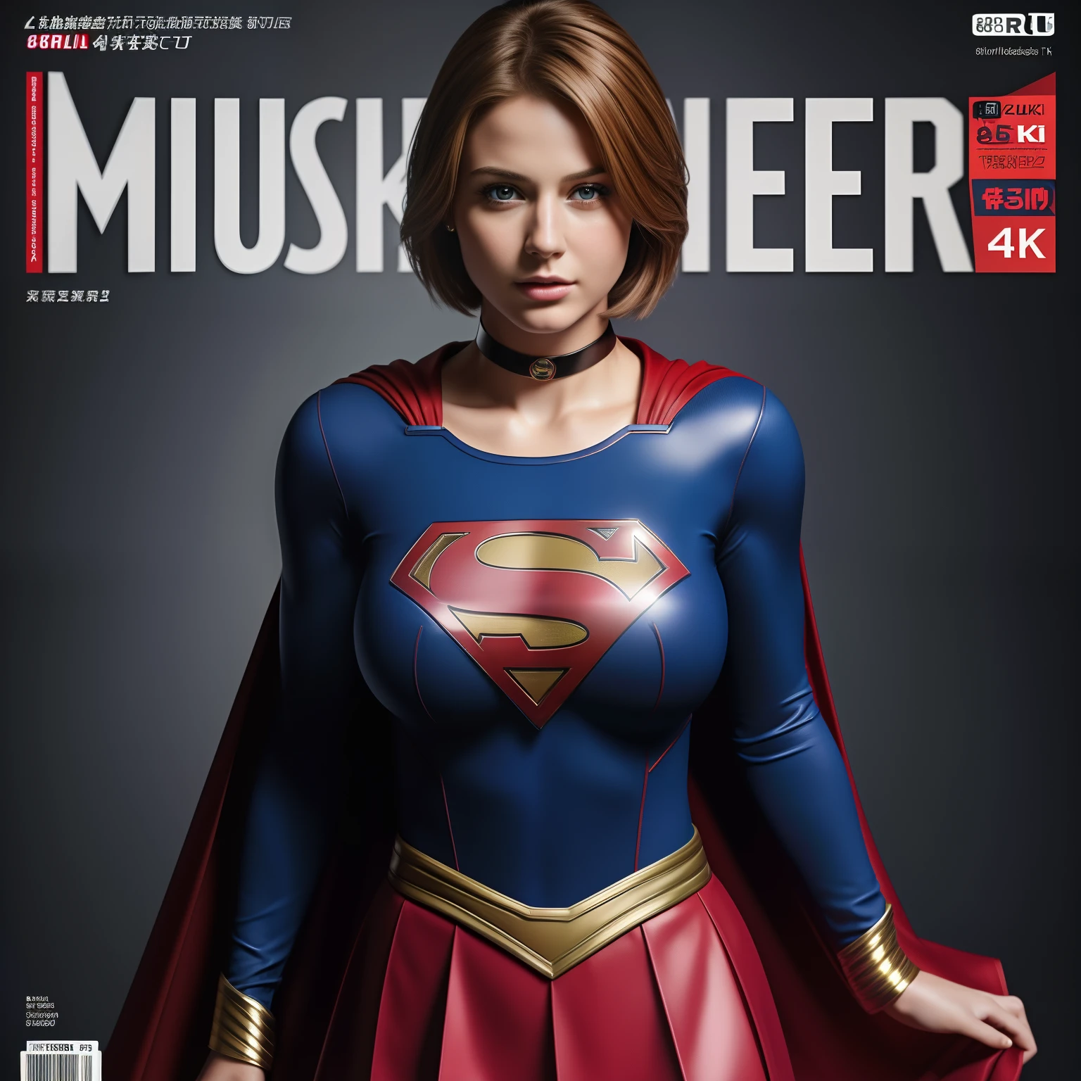 (best quality,4k,8k,highres,masterpiece:1.2),ultra-detailed,(realistic,photorealistic,photo-realistic:1.37),supergirl with short hair, large breasts, looking at the camera, glossy costume, choker, extremely short miniskirt, magazine cover, powerful pose.