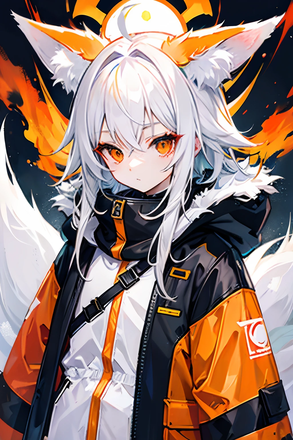 white  hair、Orange Eyes、Fox ear hood、ember、parka