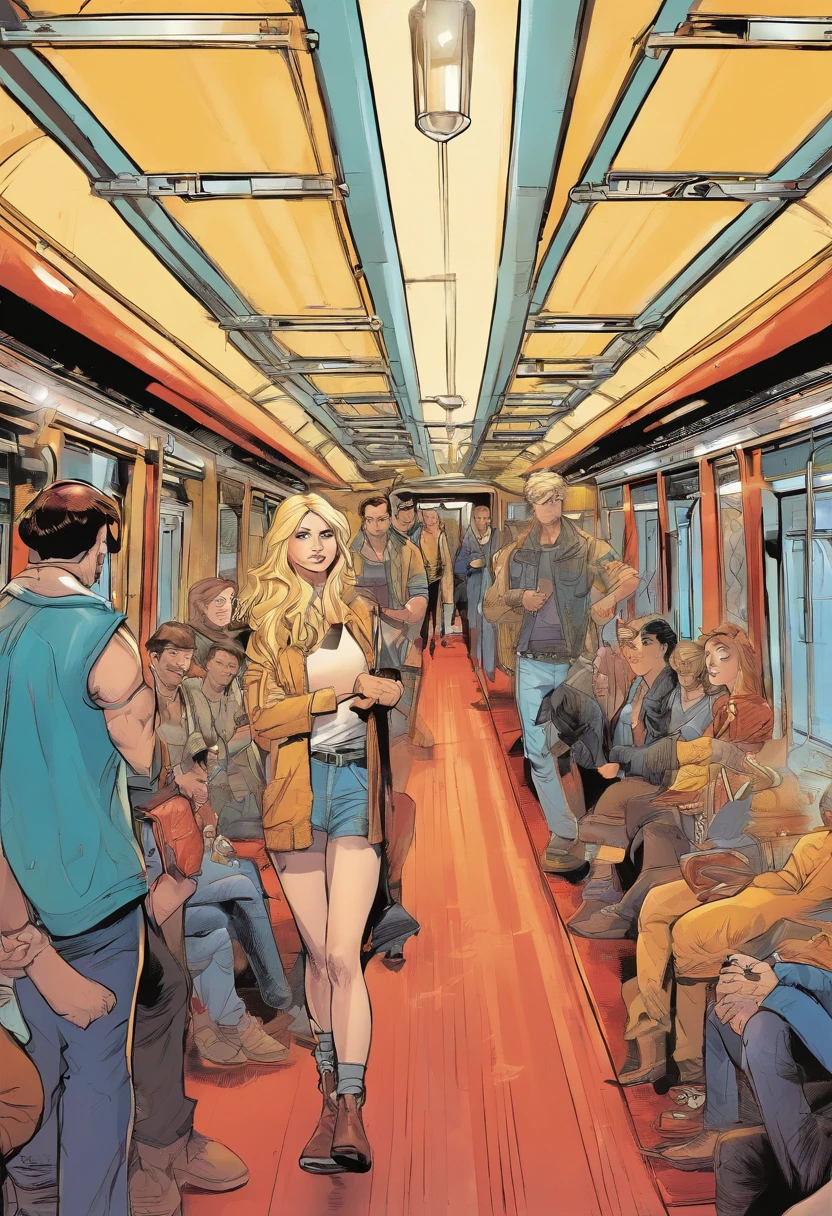 American comics Train with passengers in the middle - handsome guy half-naked slim blonde teenager The style is exaggerated and detailed