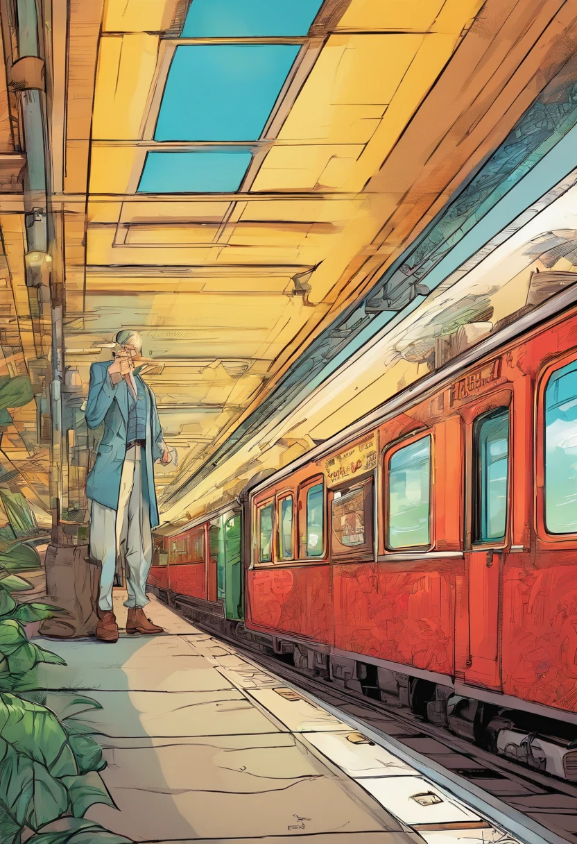 American comics Train with passengers in the middle - handsome guy half-naked slim blonde teenager The style is exaggerated and detailed