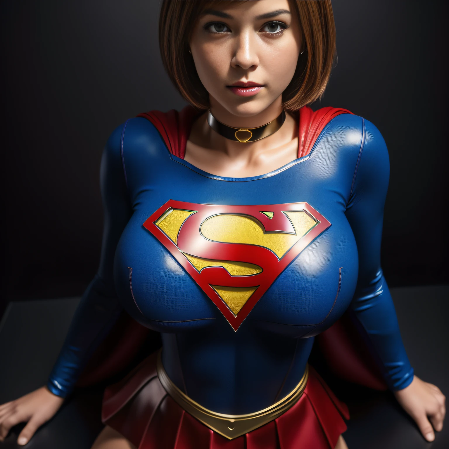 (best quality,4k,8k,highres,masterpiece:1.2),ultra-detailed,(realistic,photorealistic,photo-realistic:1.37),supergirl with short hair, large breasts, looking at the camera, glossy costume, choker, extremely short miniskirt, magazine cover, powerful pose.