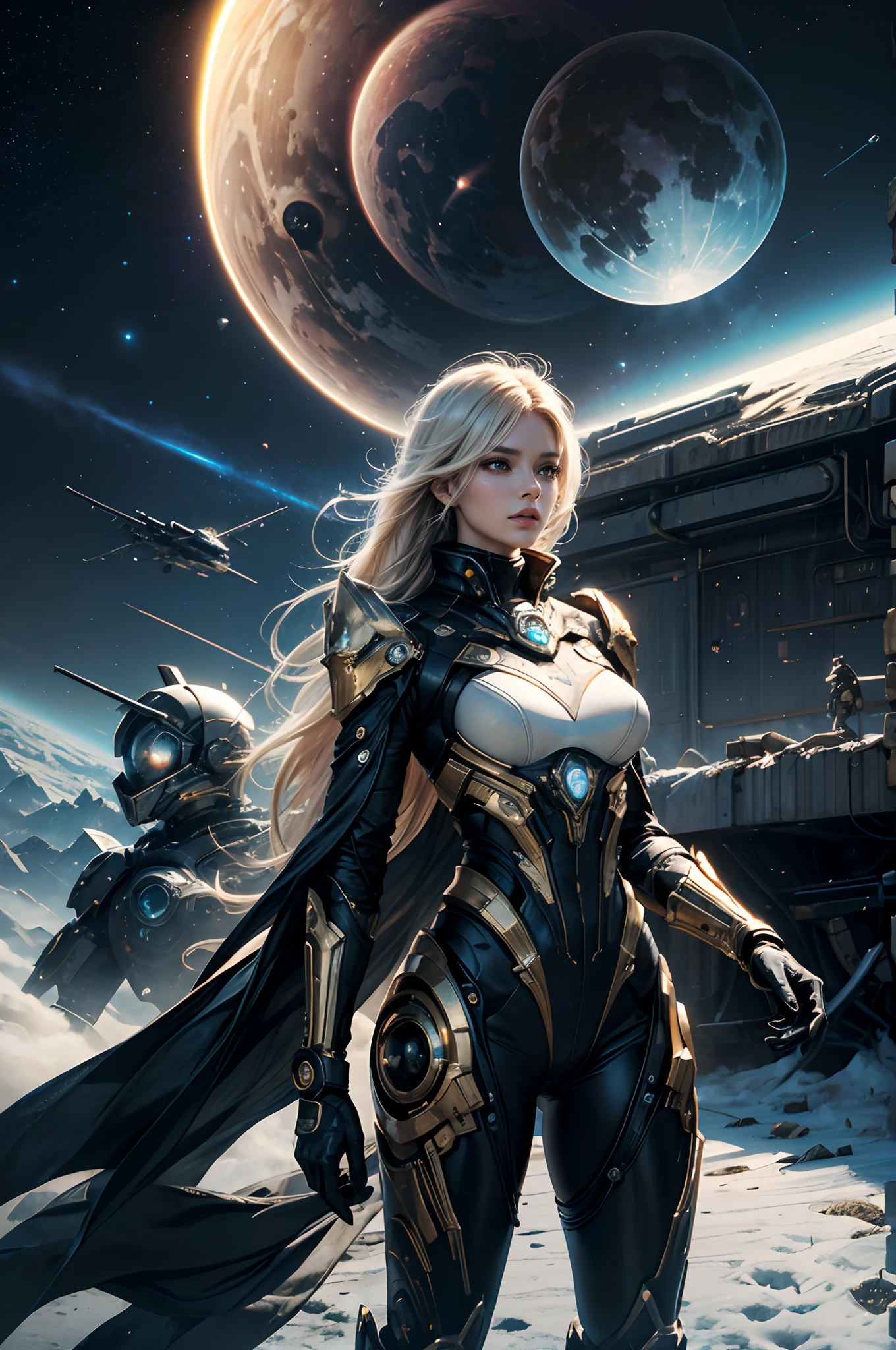 realistic visual effects，attractive beautiful，dramatic contrast，Gentle lighting，Delicate warmth，the soft light，hyper HD， Extremely colorful，best qualityer，perfect female shape，HighDynamicRange，long eyelasher，Unbeatable masterpiece，putting makeup on， Sexy goddess，Large metal mechanical gears，Strange sky，8K high quality，A pair of big eyes are beautiful and moving，White skin，Makeup，Sexy outfit，Gold this round，Gold Warframe，Spaceship，Mechanical pets， 【Background with】Large gold gear，Doomsday ruins，Giant tornado，The setting sun burns the clouds，Multiple planets，The end of the world，Multiple planets，Space-time tunnel，Space battleships，Mards，，Jupiter，Lightning Thunder， Mercury，Strange sky，Giant tornado，Blue light，salama，Large flying machines，Cool car，Time Tunnel，nuclear power plant，Futuristic car，tornado。
