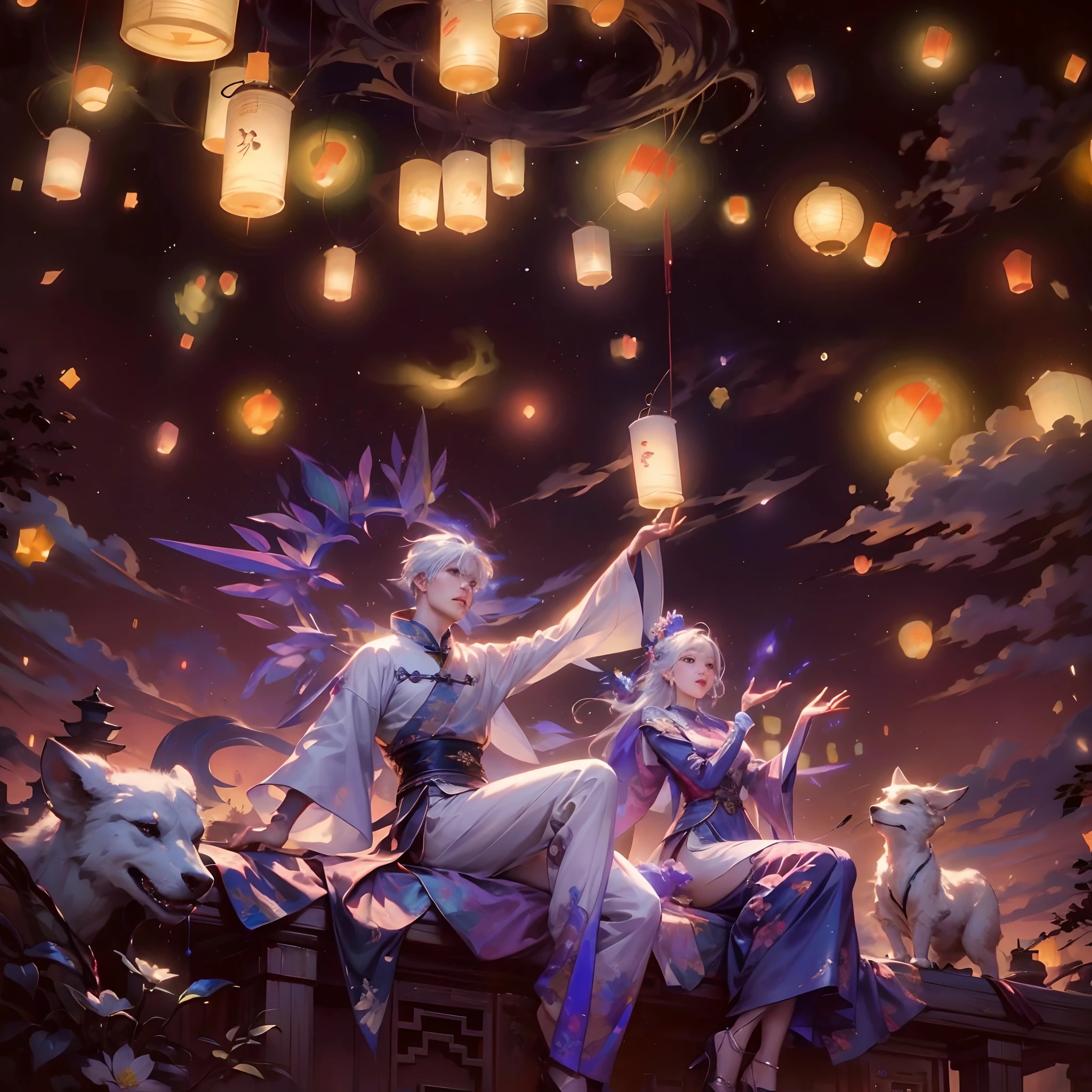 (max resolution: 1.2), (Ultra HDTV: 1.2), 8K resolution, Eye and skin details, face details, , (Sharp focus: 1.2), (Precise focus) face sharp face: 1.2), (1 Boy sitting), 1 Girl sitting, Flower lantern, Mid-Autumn Festival, Chinese white historical costume, (white hair), Starry sky, Full moon , Flying lanterns in the sky, Flying lanterns, Glowing lights