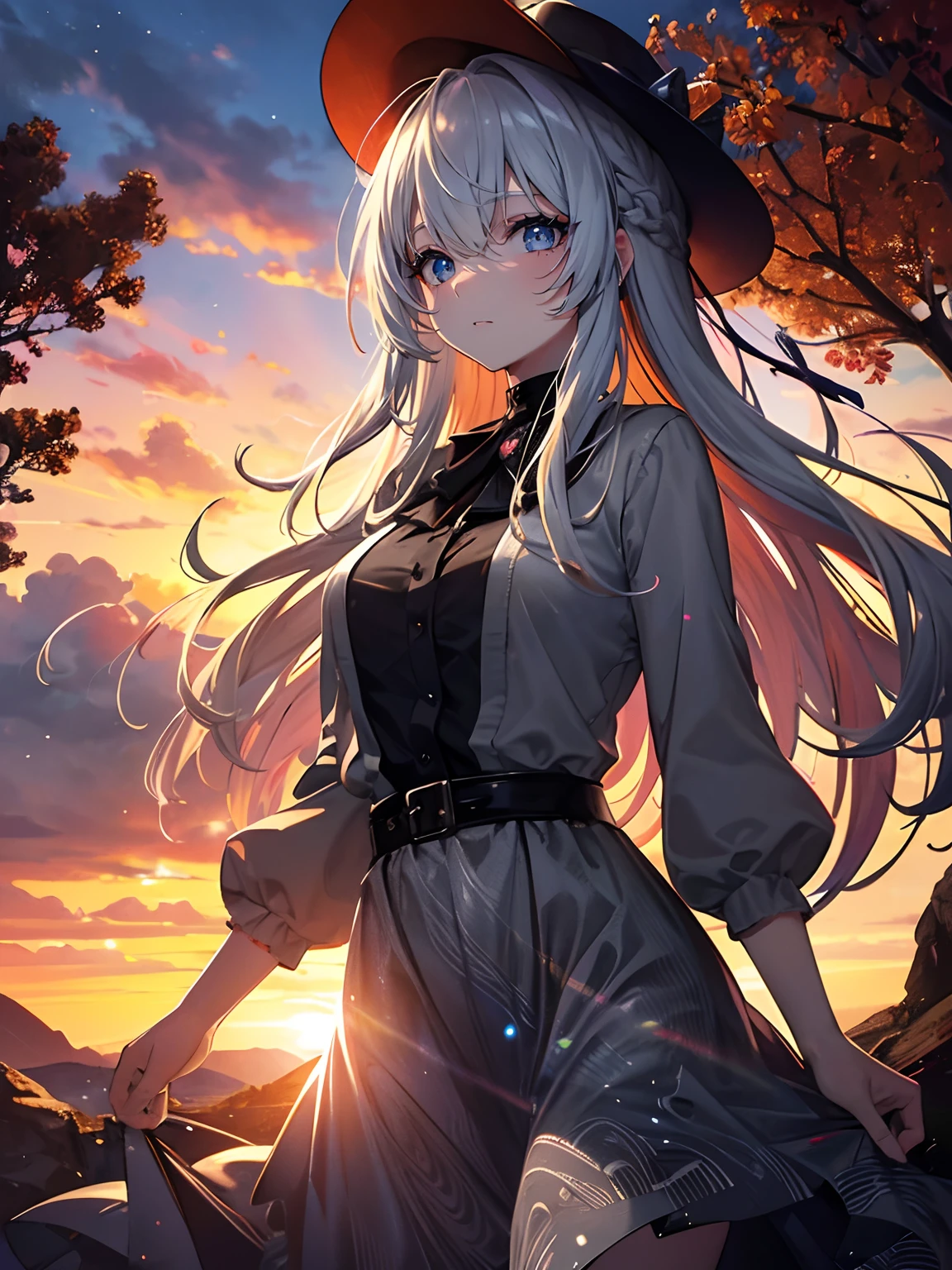 (Masterpiece, Best quality, ultra high resolution),1girl,(multicolored hair),beautiful and detailed face, detailed eyes,(grey theme),sunset,in the magic forest,orange cowboy dress,rocks,sunset