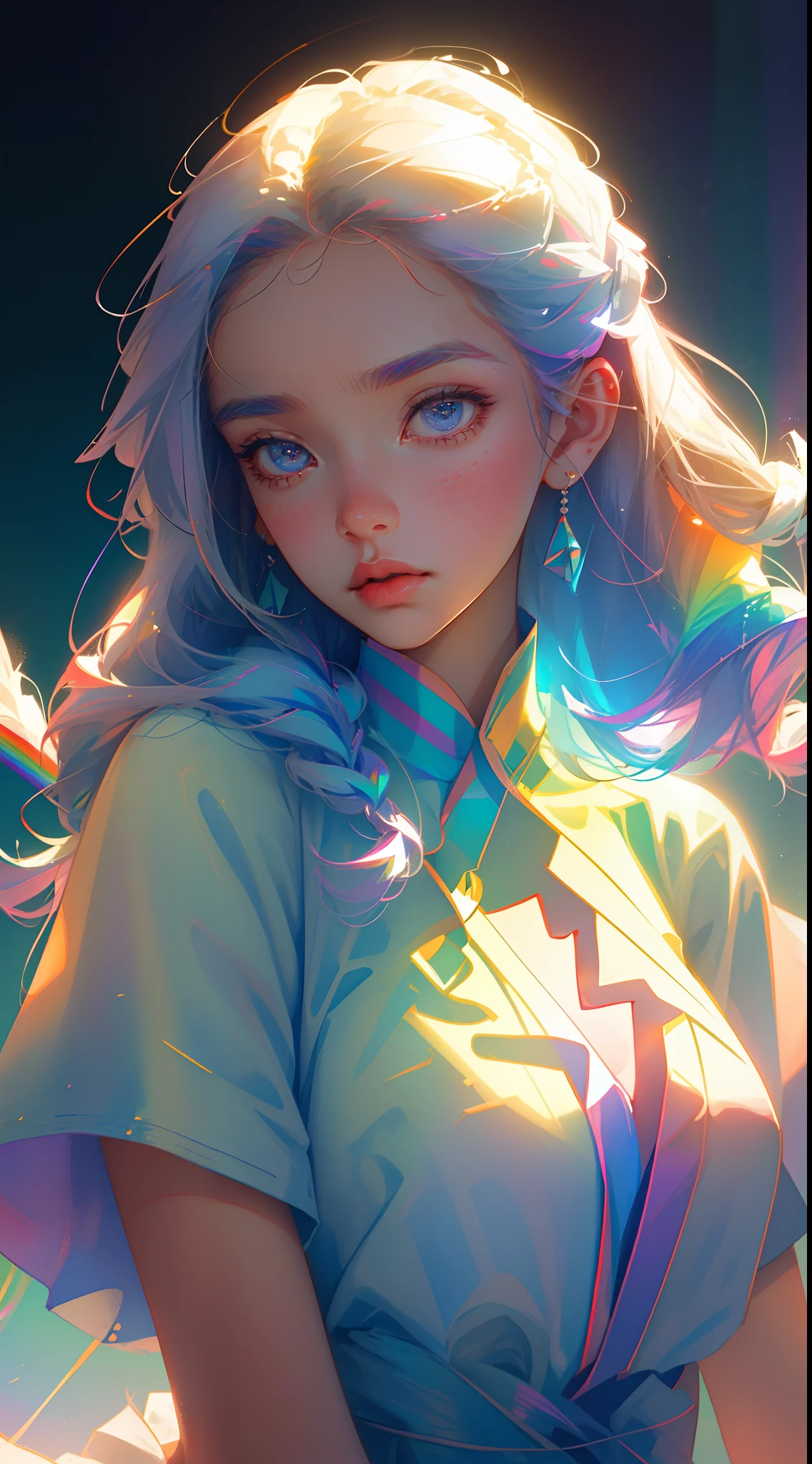 with a pure white background,Colorful hair,long whitr hair,Colorful braided hair,one-girl,solo,Look at the lens at the highest quality,Light blue eyes,((Strands of hair)),鎖骨,Loose shirt,Sweet cool,cuteexpression,Cute earrings,((with rainbow colored background),Highest image quality,8k,Frontal lighting,high qulity,Good atmosphere,delicated,cg render,detail render,(portrait of upper body)(Delicate facial portrayal)(Fine hair portrayal)(highest quality)(Master masterpieces)(High degree of completion)(a sense of atmosphere)